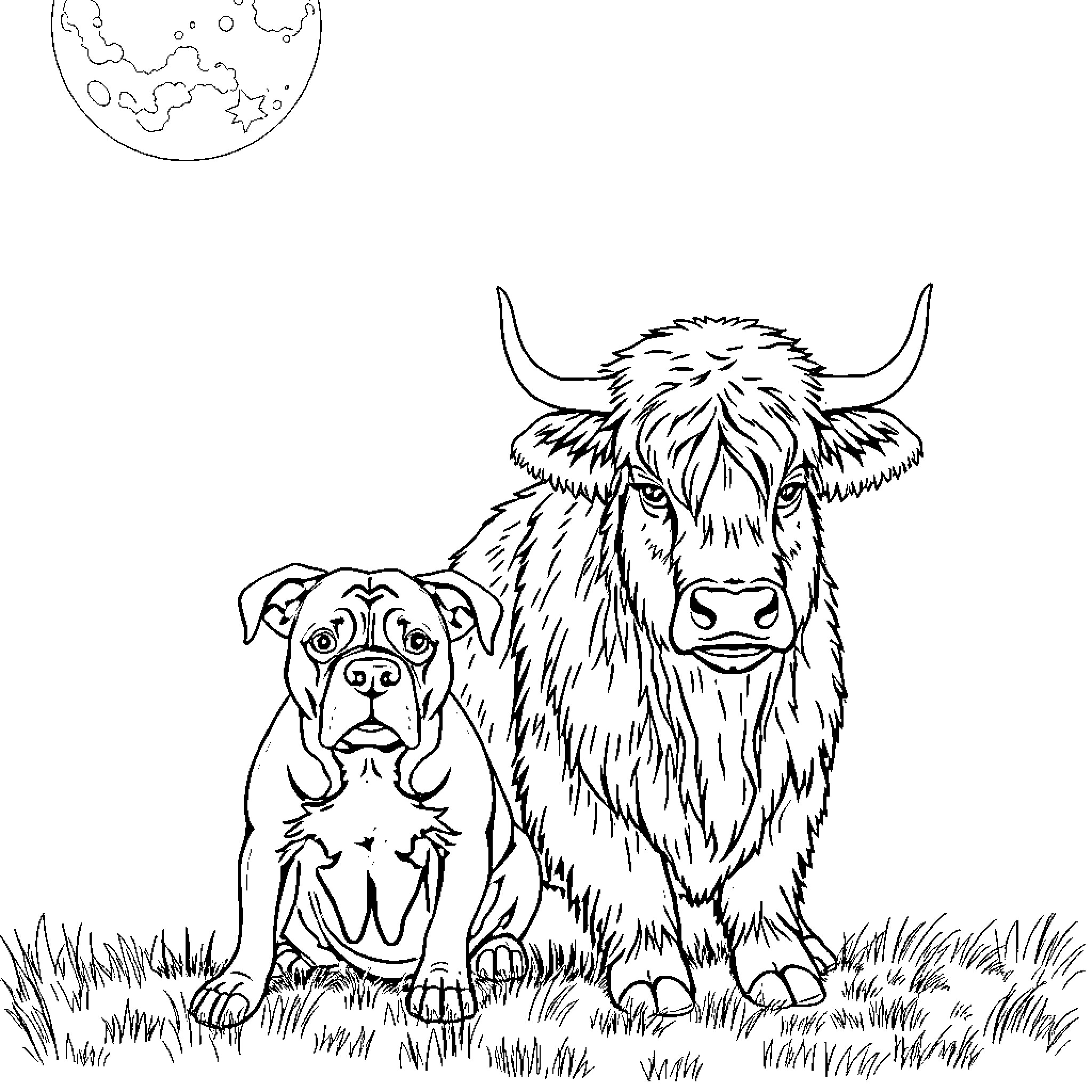 Pitbull and Highland Cow in Moonlit Meadow Coloring Page (free black-and-white line drawing printable PDF for all, from beginners to advanced learners, including children, teens, adults, and seniors)