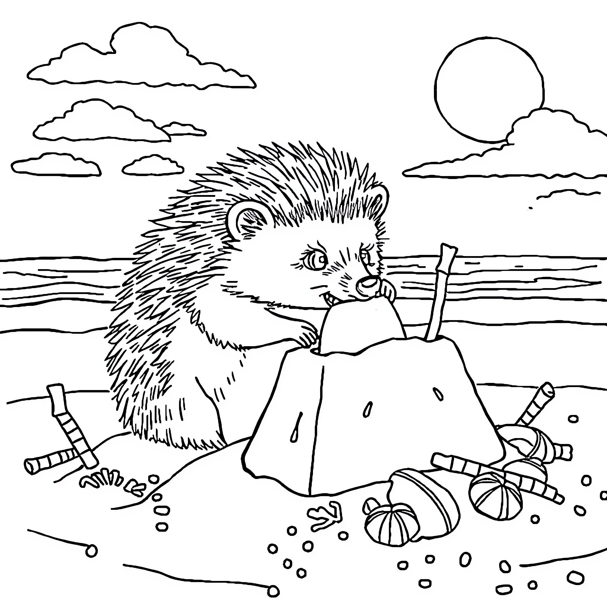 Hedgehog exploring a coastal scene Coloring Page (free black-and-white line drawing printable PDF for all, from beginners to advanced learners, including children, teens, adults, and seniors)