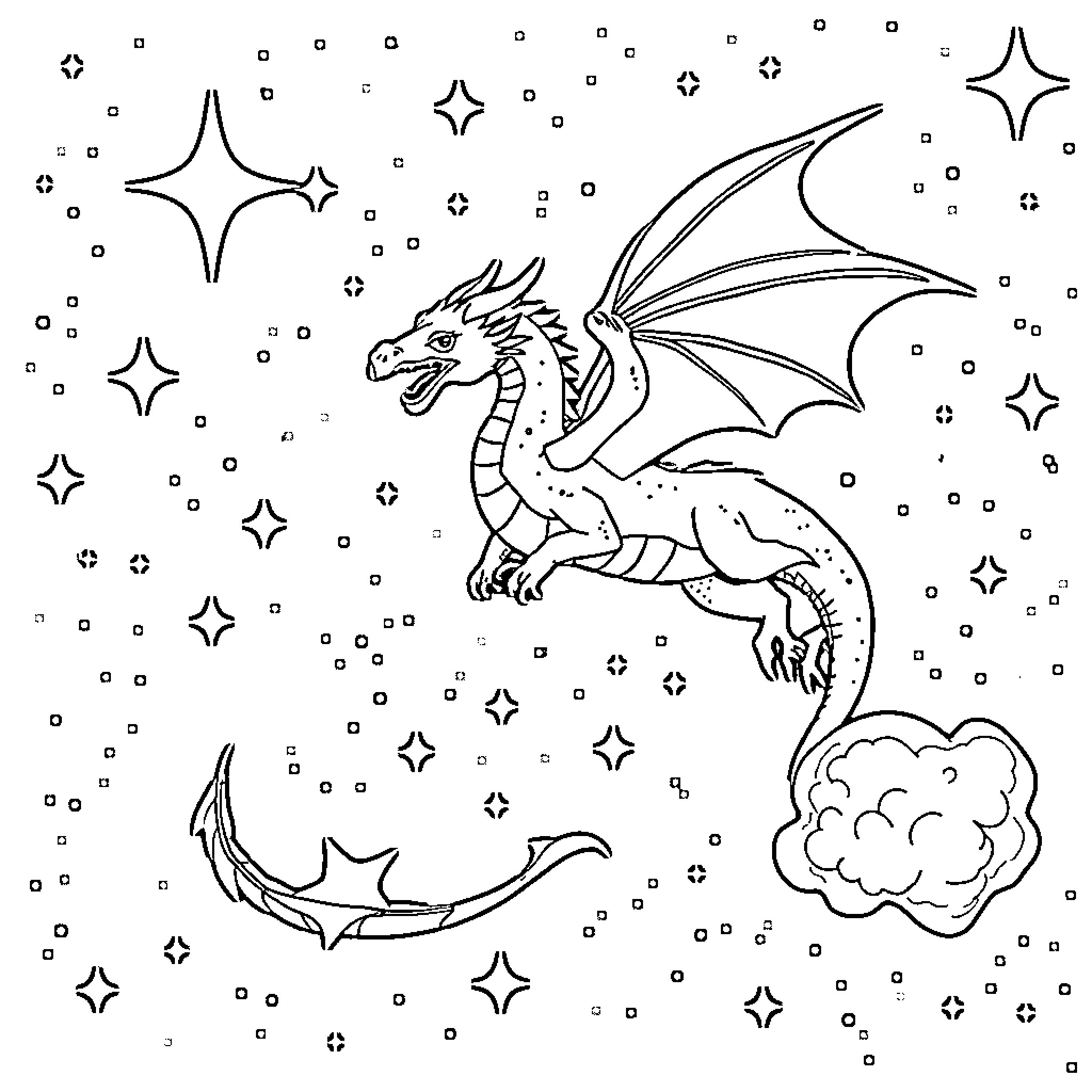 Dragon flying amidst stars in the night sky Coloring Page (free black-and-white line drawing printable PDF for all, from beginners to advanced learners, including children, teens, adults, and seniors)