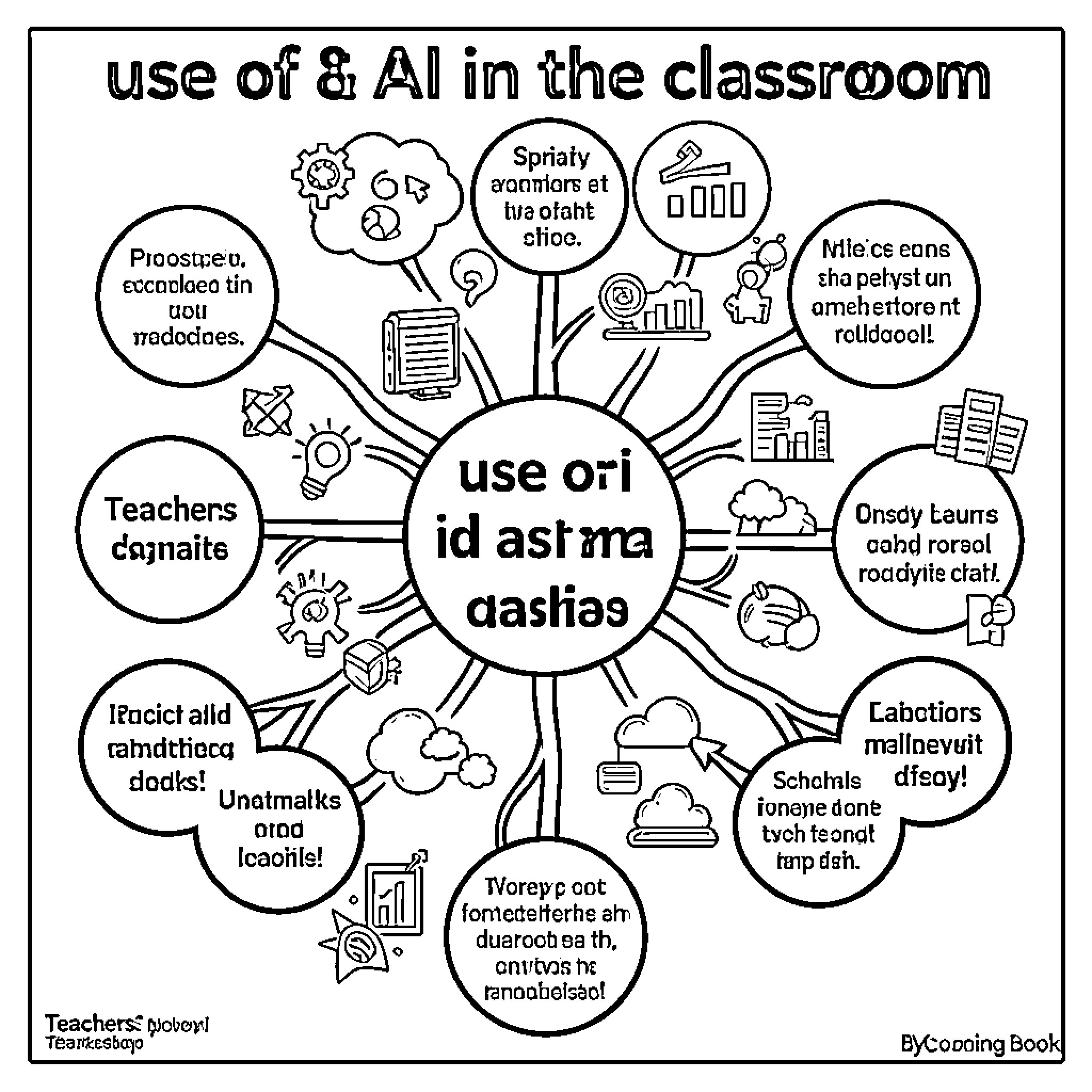 AI concepts and classroom integration mind map illustration Coloring Page (free black-and-white line drawing printable PDF for all, from beginners to advanced learners, including children, teens, adults, and seniors)