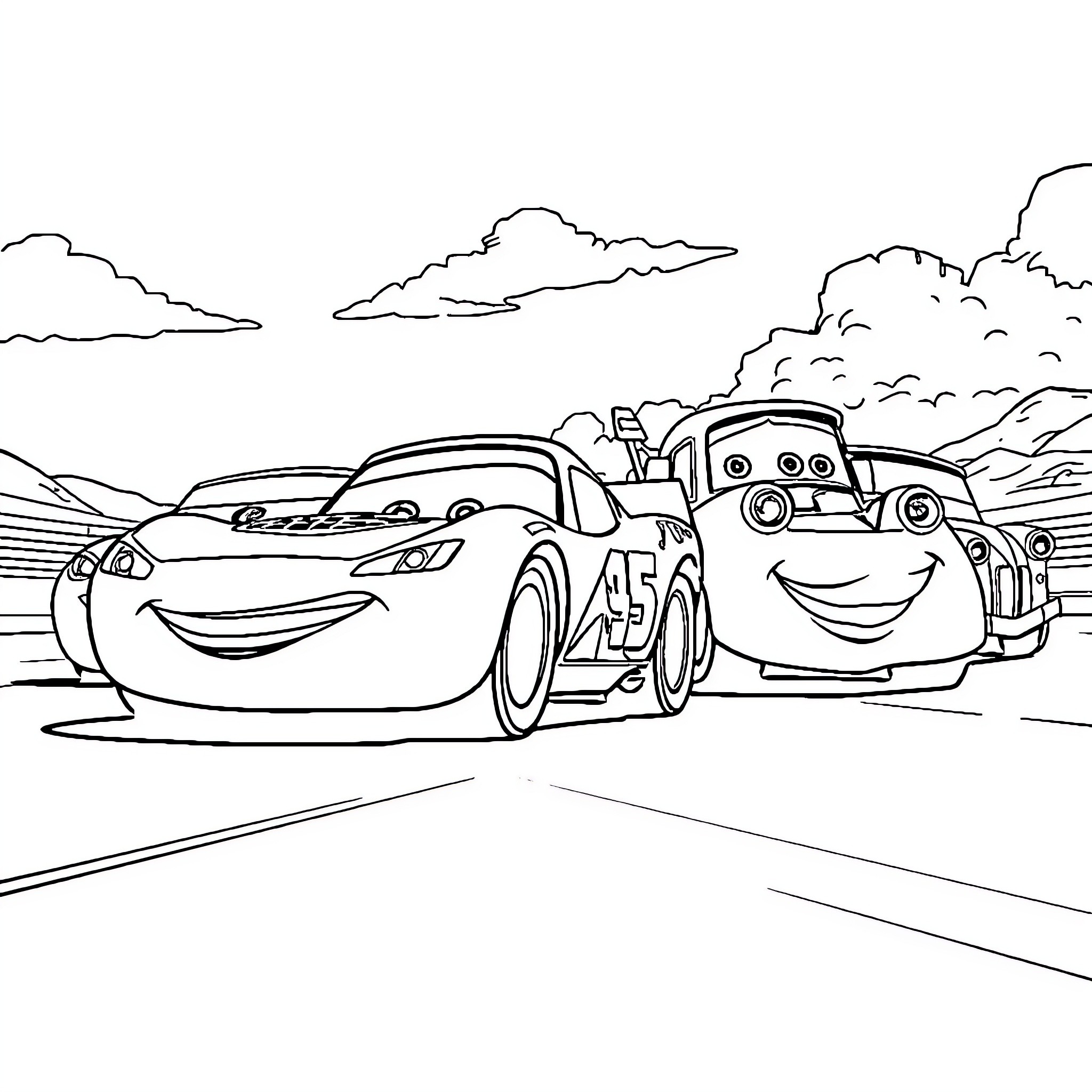 Lightning McQueen and Mater's Racing Adventure Coloring Page (free black-and-white line drawing printable PDF for all, from beginners to advanced learners, including children, teens, adults, and seniors)