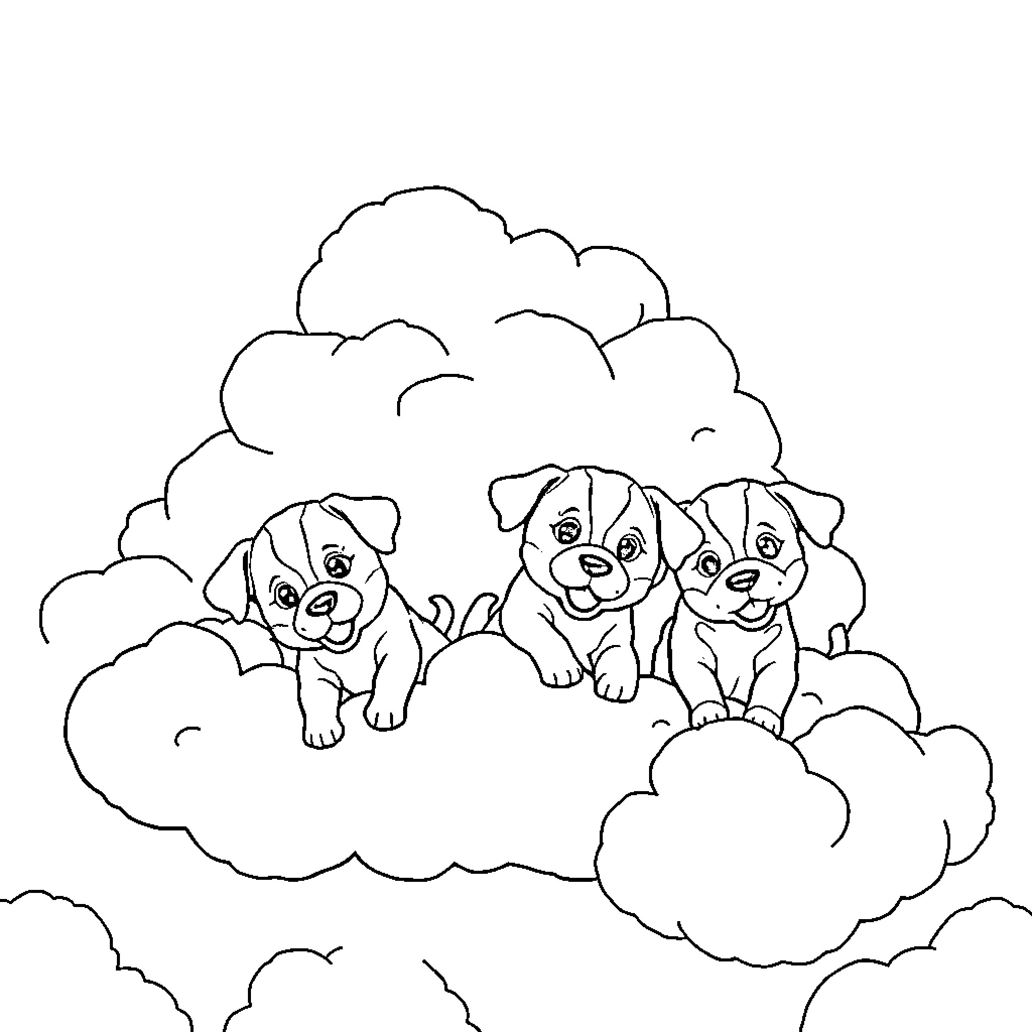Puppies playing in the clouds Coloring Page (free black-and-white line drawing printable PDF for all, from beginners to advanced learners, including children, teens, adults, and seniors)