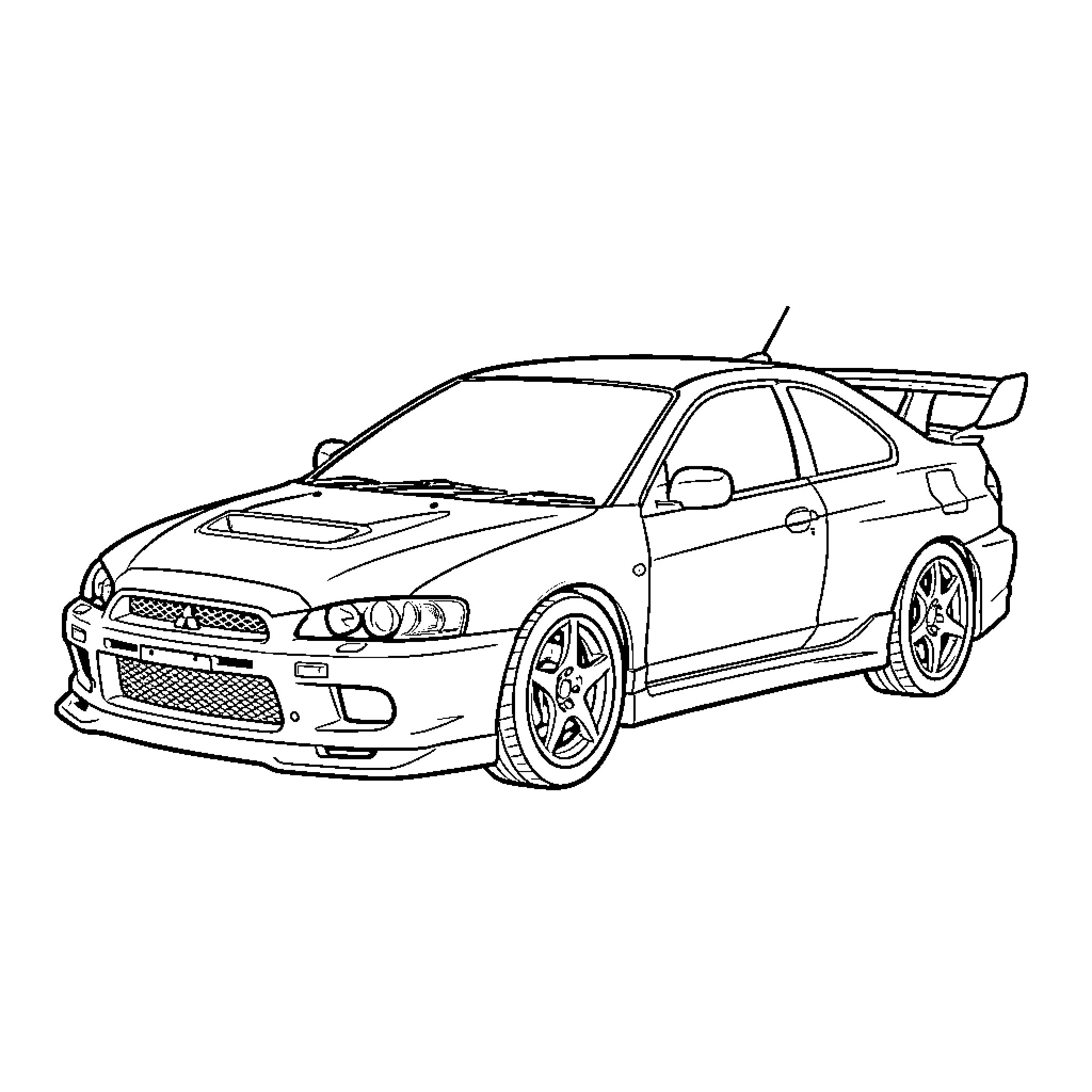 Mitsubishi Evo parked on a plain background Coloring Page (free black-and-white line drawing printable PDF for all, from beginners to advanced learners, including children, teens, adults, and seniors)