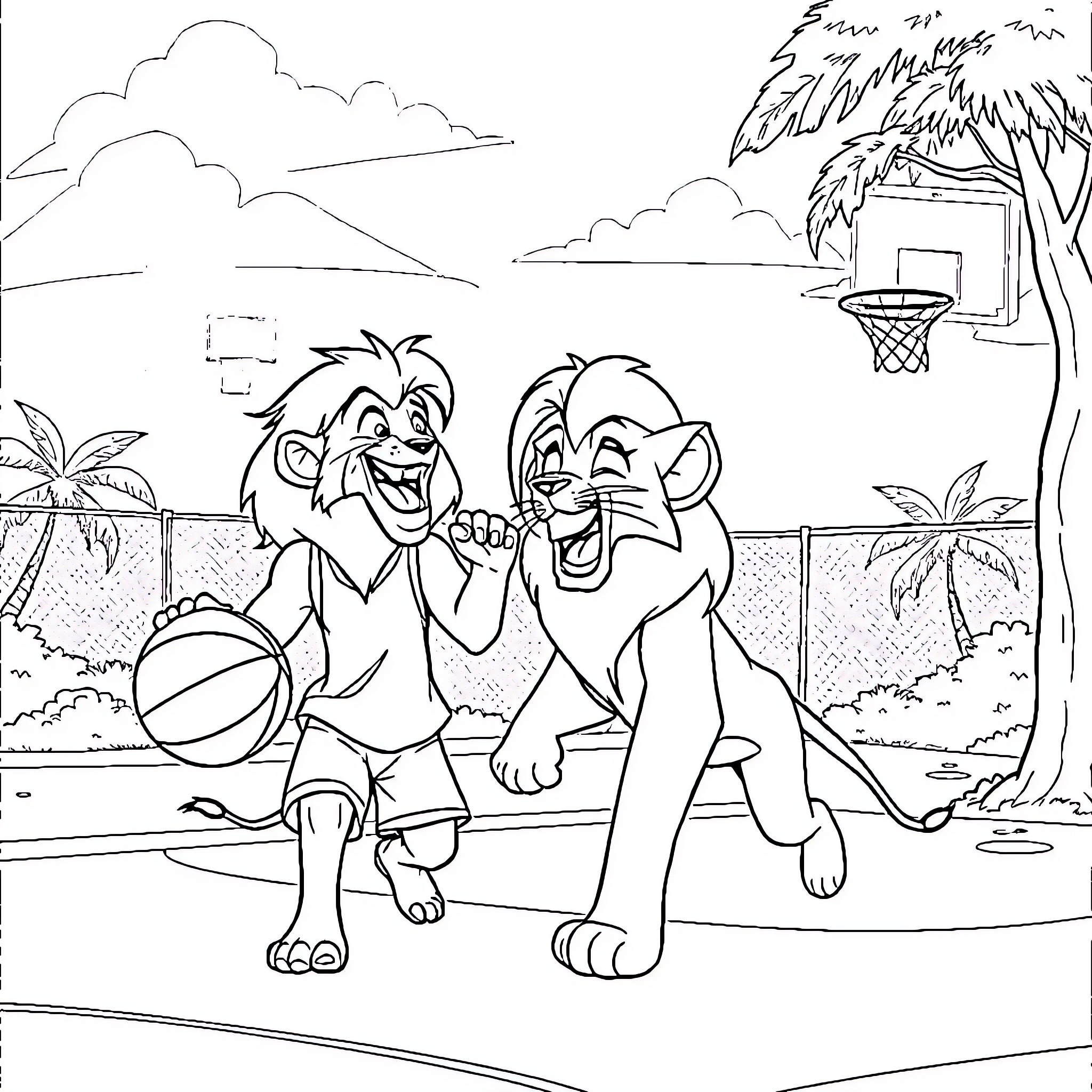 Lion friends playing basketball on sunny day Coloring Page (free black-and-white line drawing printable PDF for all, from beginners to advanced learners, including children, teens, adults, and seniors)