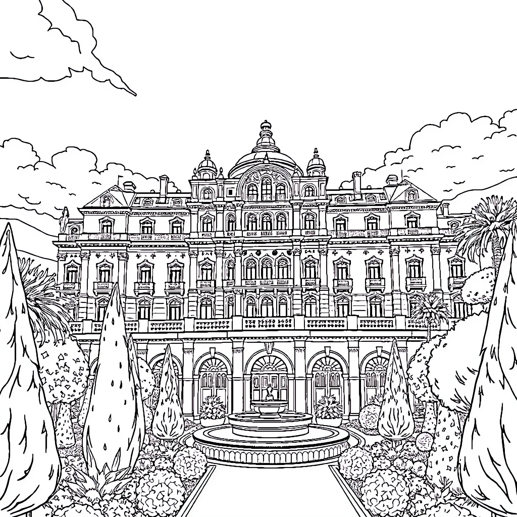 Palace of Architectural Grandeur and Ornate Details Coloring Page (free black-and-white line drawing printable PDF for all, from beginners to advanced learners, including children, teens, adults, and seniors)