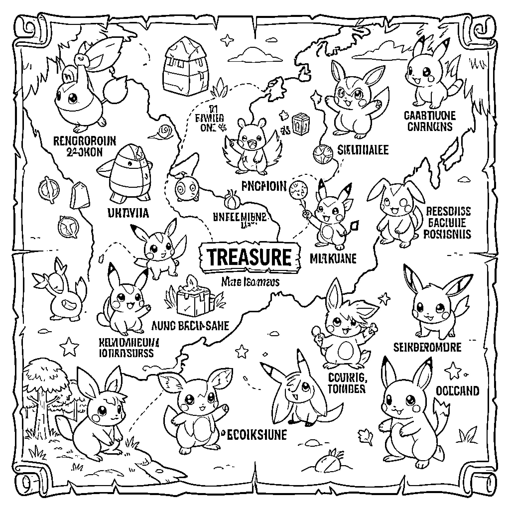 Pokémon characters exploring a treasure map together Coloring Page (free black-and-white line drawing printable PDF for all, from beginners to advanced learners, including children, teens, adults, and seniors)