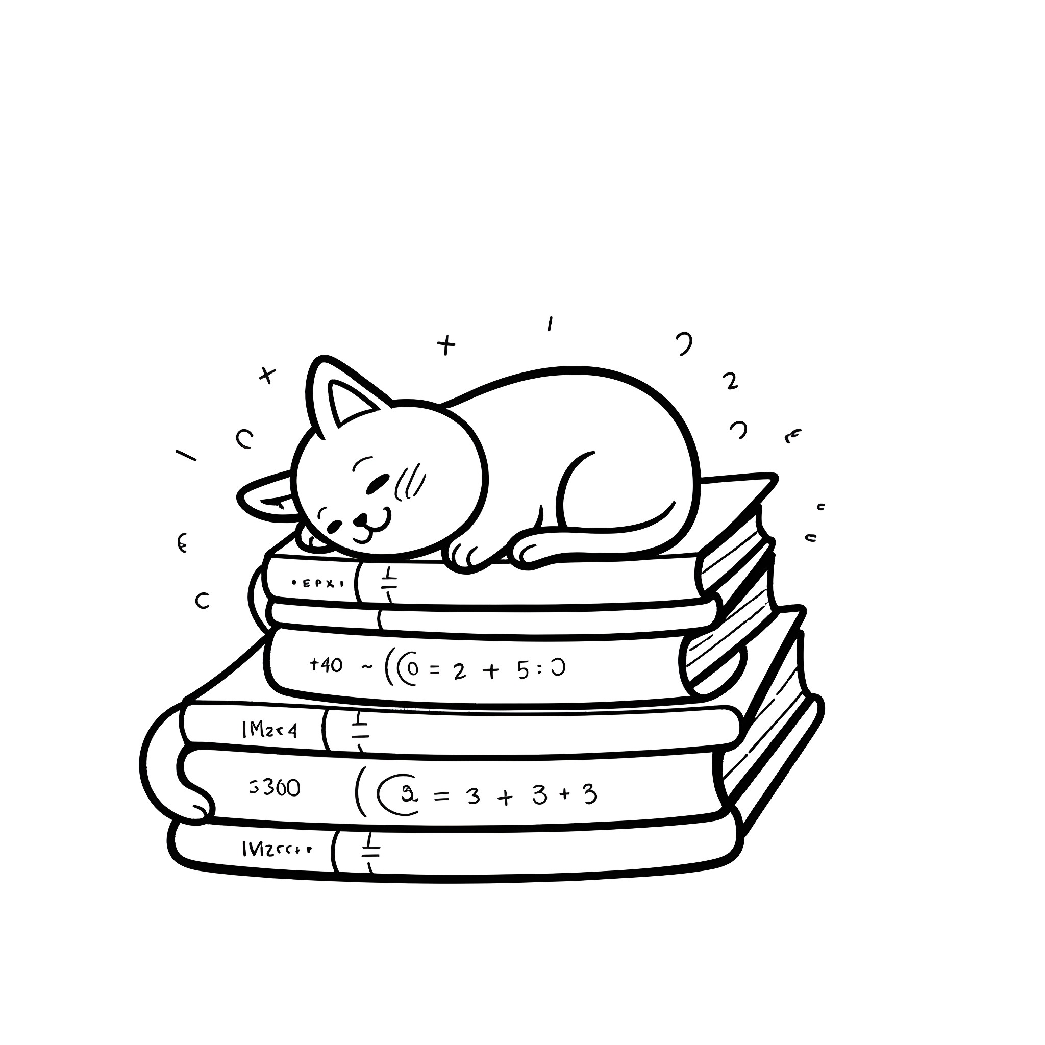 Cat sleeping peacefully on stack of books Coloring Page (free black-and-white line drawing printable PDF for all, from beginners to advanced learners, including children, teens, adults, and seniors)