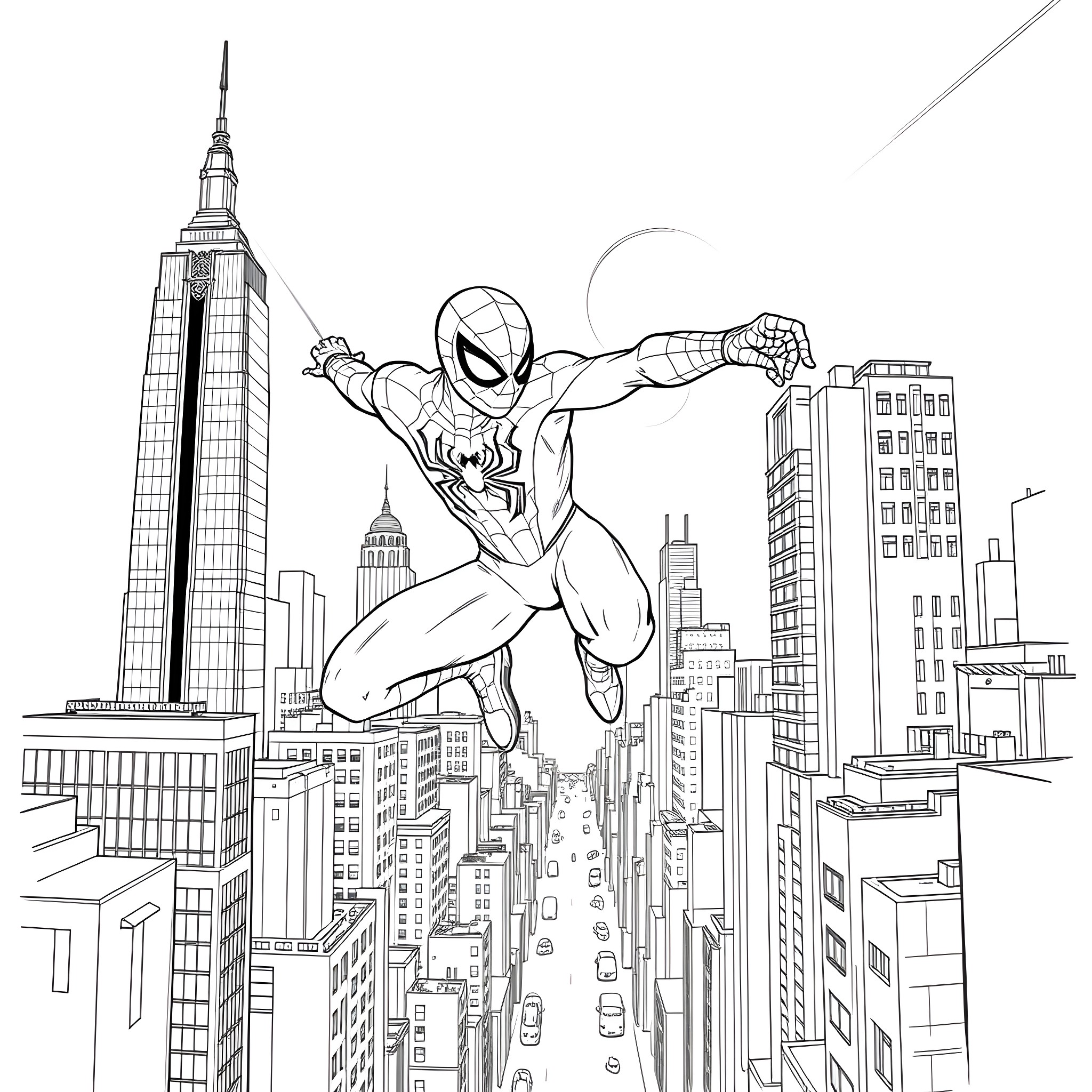 Spider-Man swinging through the city skyline Coloring Page (free black-and-white line drawing printable PDF for all, from beginners to advanced learners, including children, teens, adults, and seniors)