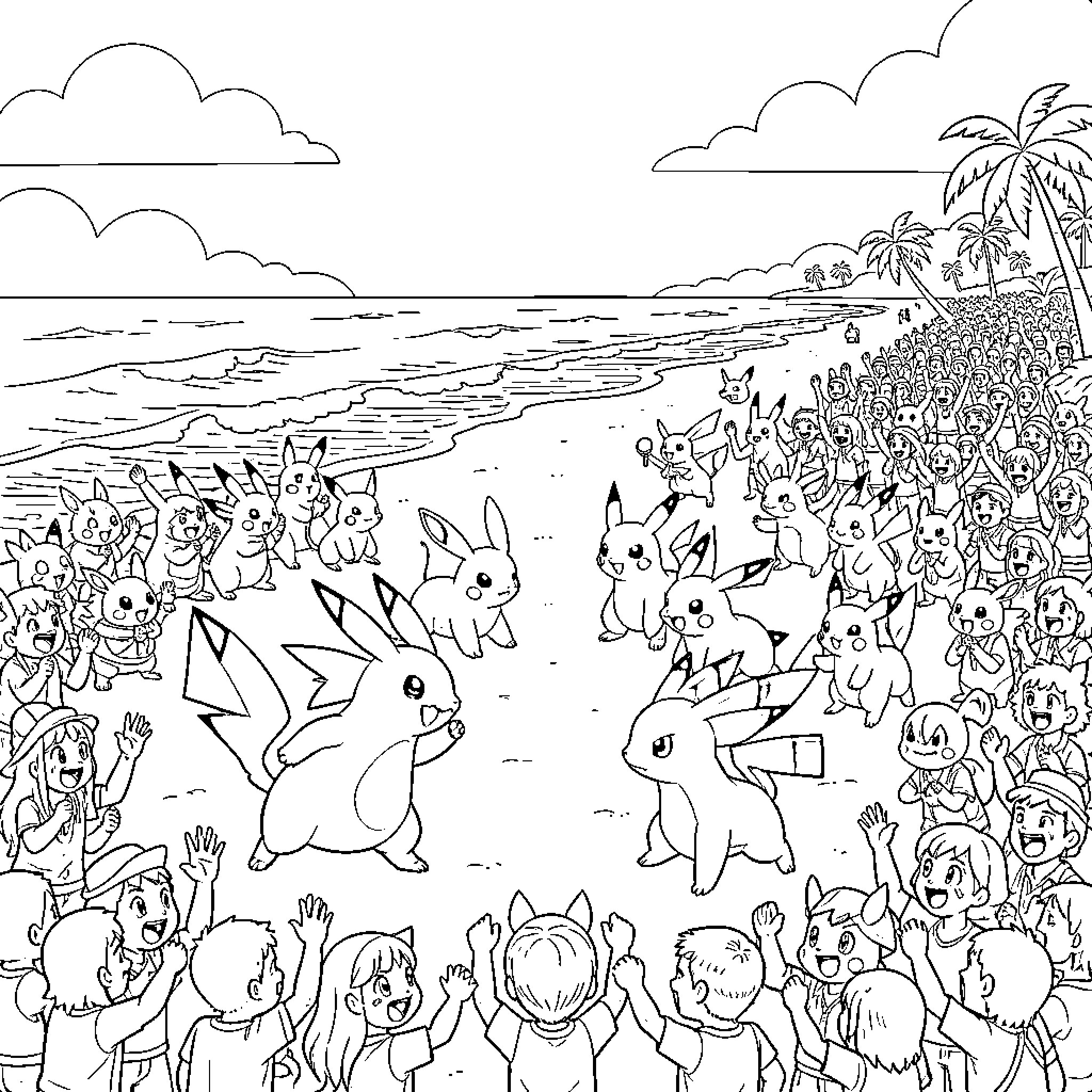 Pokémon characters in a lively beach scene Coloring Page (free black-and-white line drawing printable PDF for all, from beginners to advanced learners, including children, teens, adults, and seniors)
