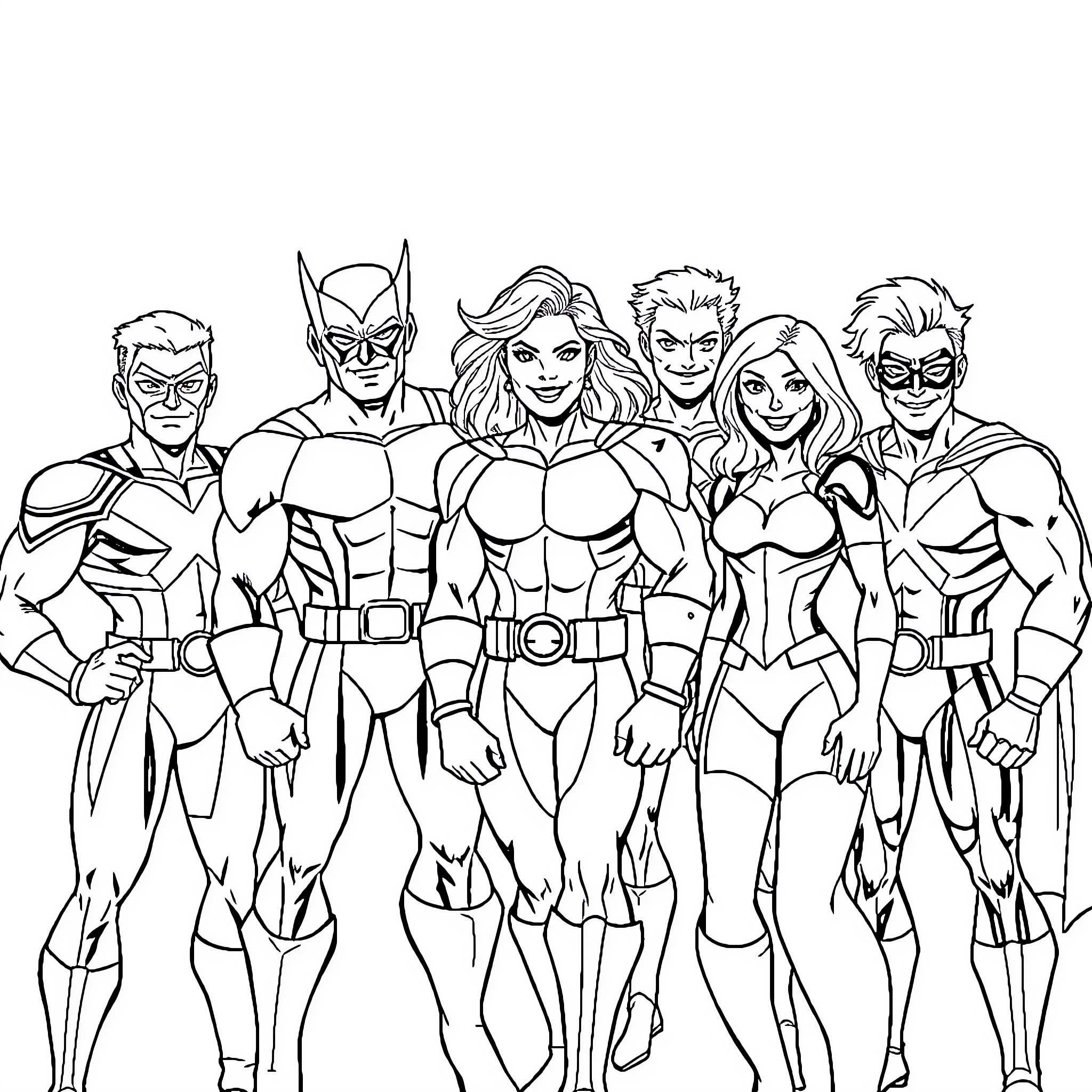 X-Men Assembled in Action Poses Coloring Page (free black-and-white line drawing printable PDF for all, from beginners to advanced learners, including children, teens, adults, and seniors)