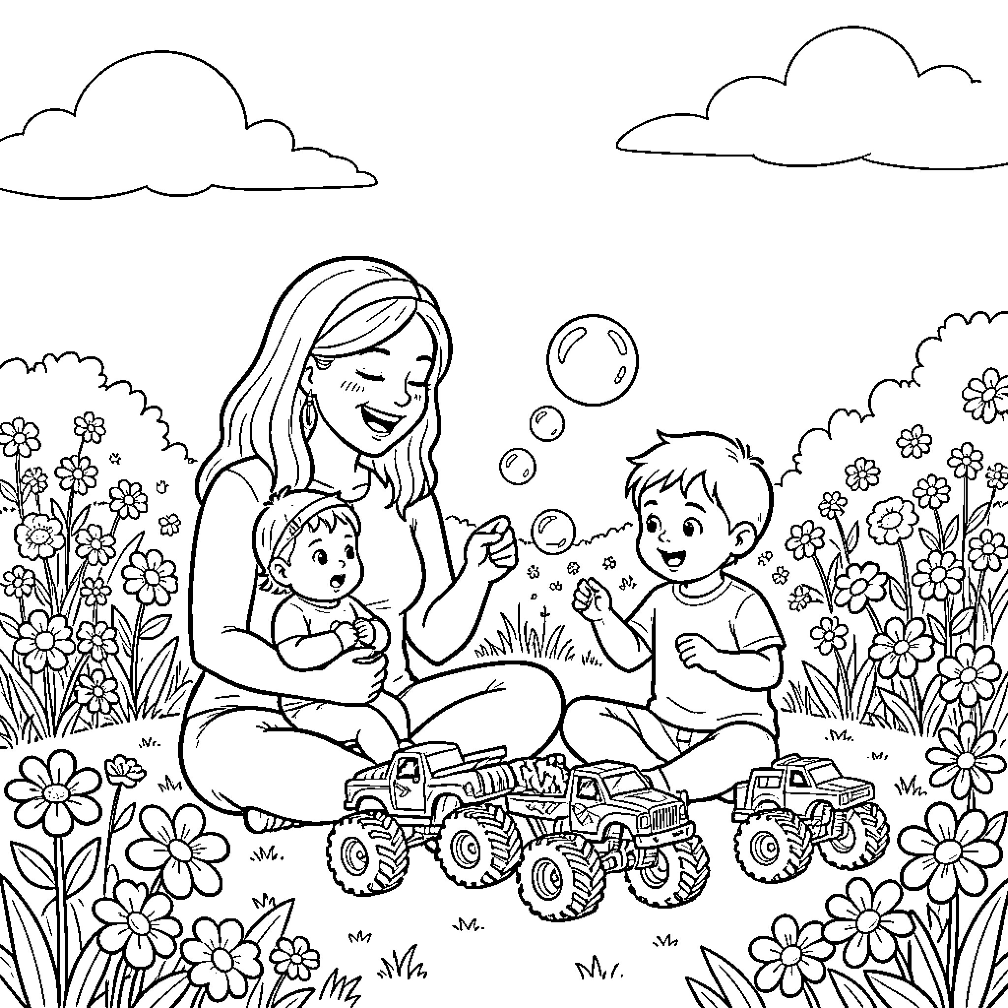 Mom playing joyfully with children in a garden Coloring Page (free black-and-white line drawing printable PDF for all, from beginners to advanced learners, including children, teens, adults, and seniors)