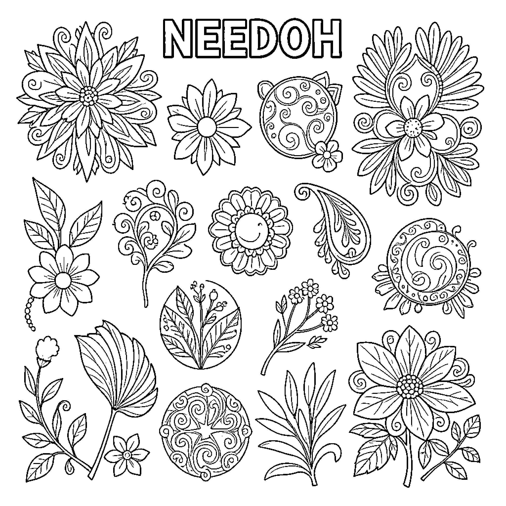 Needoh collection of various floral patterns and botanical motifs Coloring Page (free black-and-white line drawing printable PDF for all, from beginners to advanced learners, including children, teens, adults, and seniors)