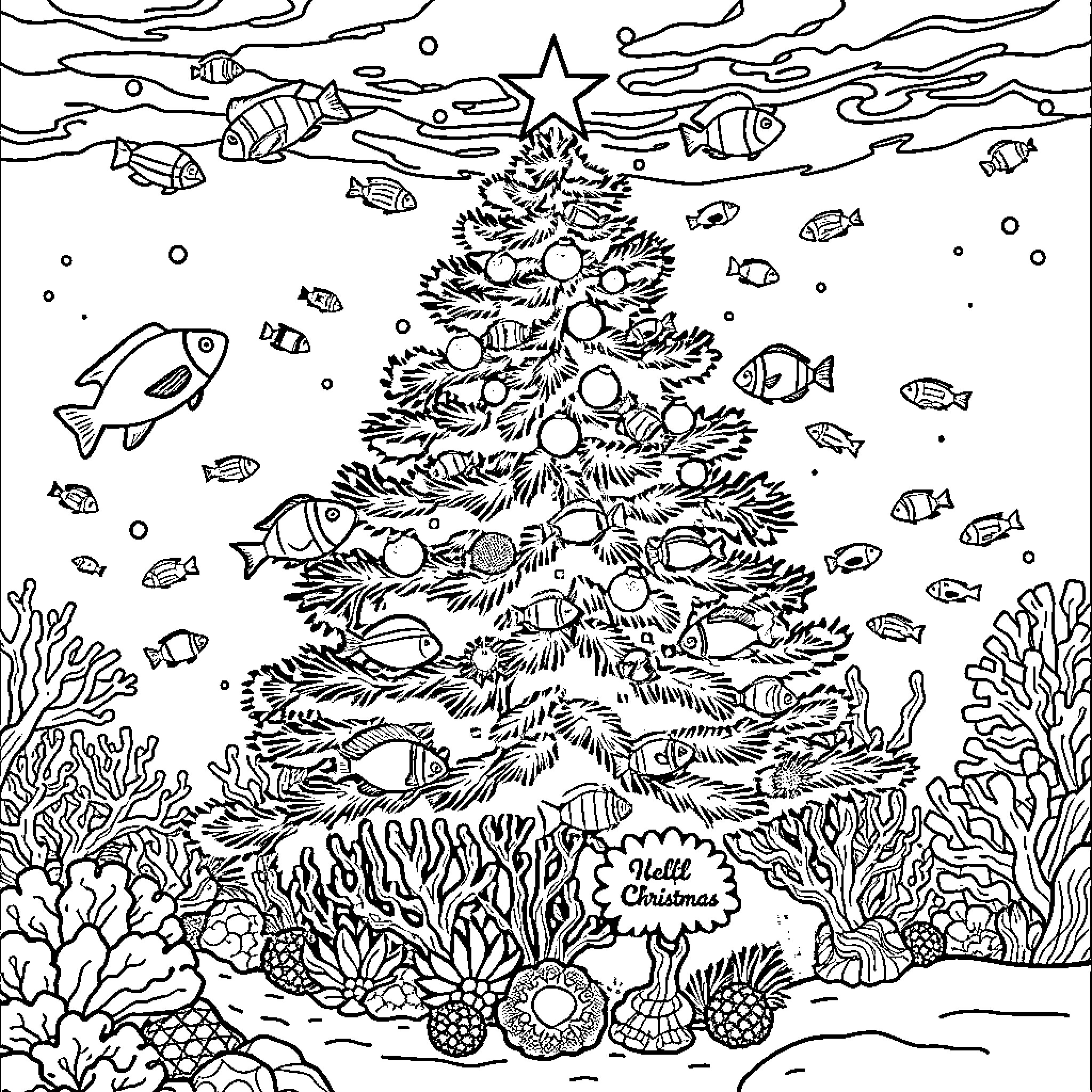 Christmas Tree Adorned with Tropical Marine Life Coloring Page (free black-and-white line drawing printable PDF for all, from beginners to advanced learners, including children, teens, adults, and seniors)