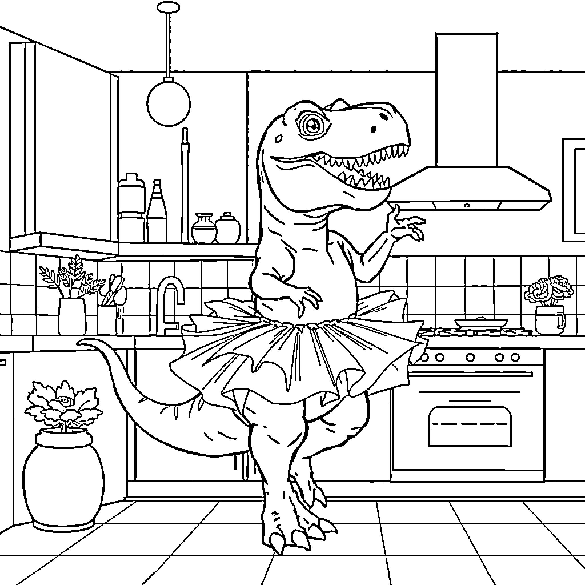 T-Rex Cooking Delightfully in the Kitchen Coloring Page (free black-and-white line drawing printable PDF for all, from beginners to advanced learners, including children, teens, adults, and seniors)