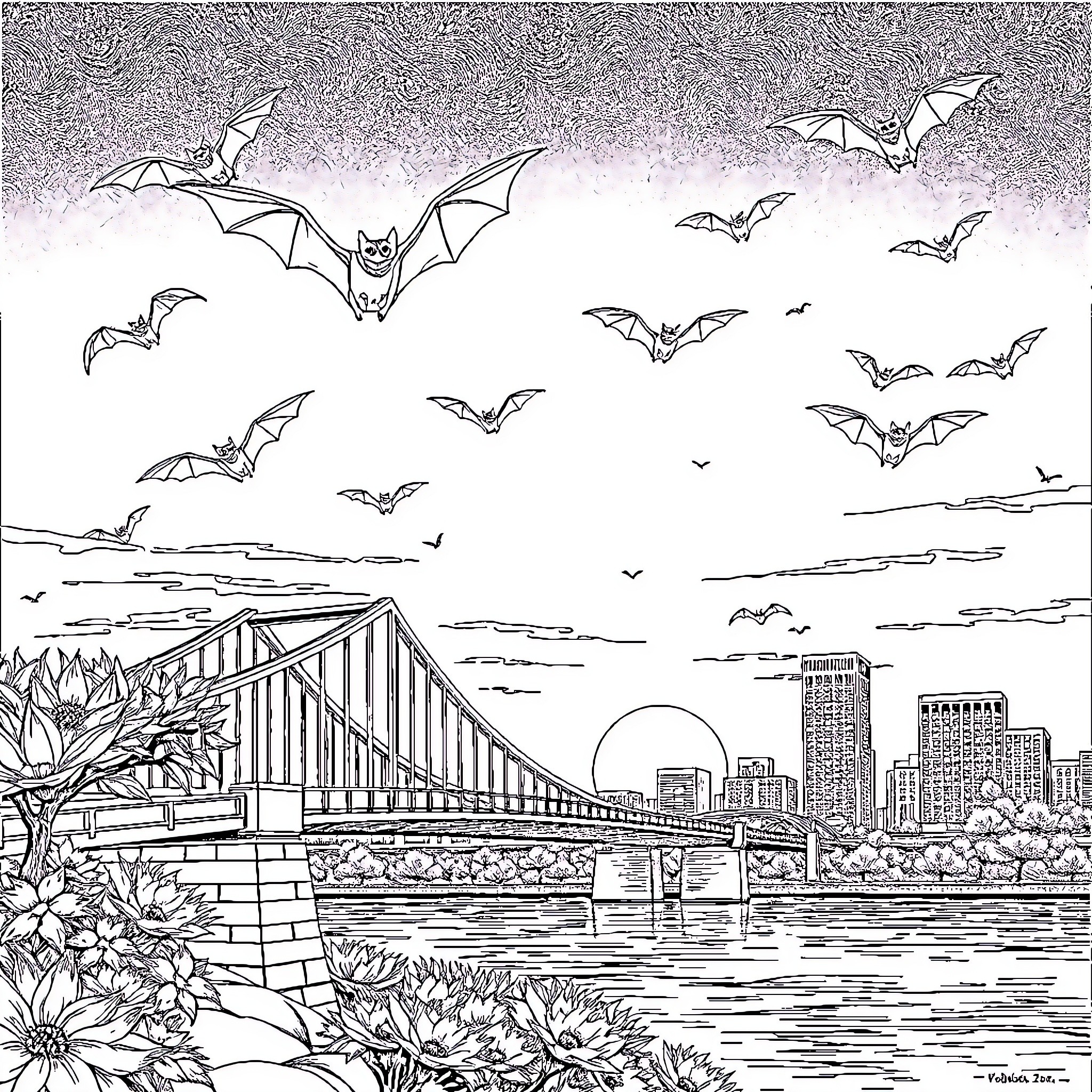 Bat colony flying over a city landscape Coloring Page (free black-and-white line drawing printable PDF for all, from beginners to advanced learners, including children, teens, adults, and seniors)