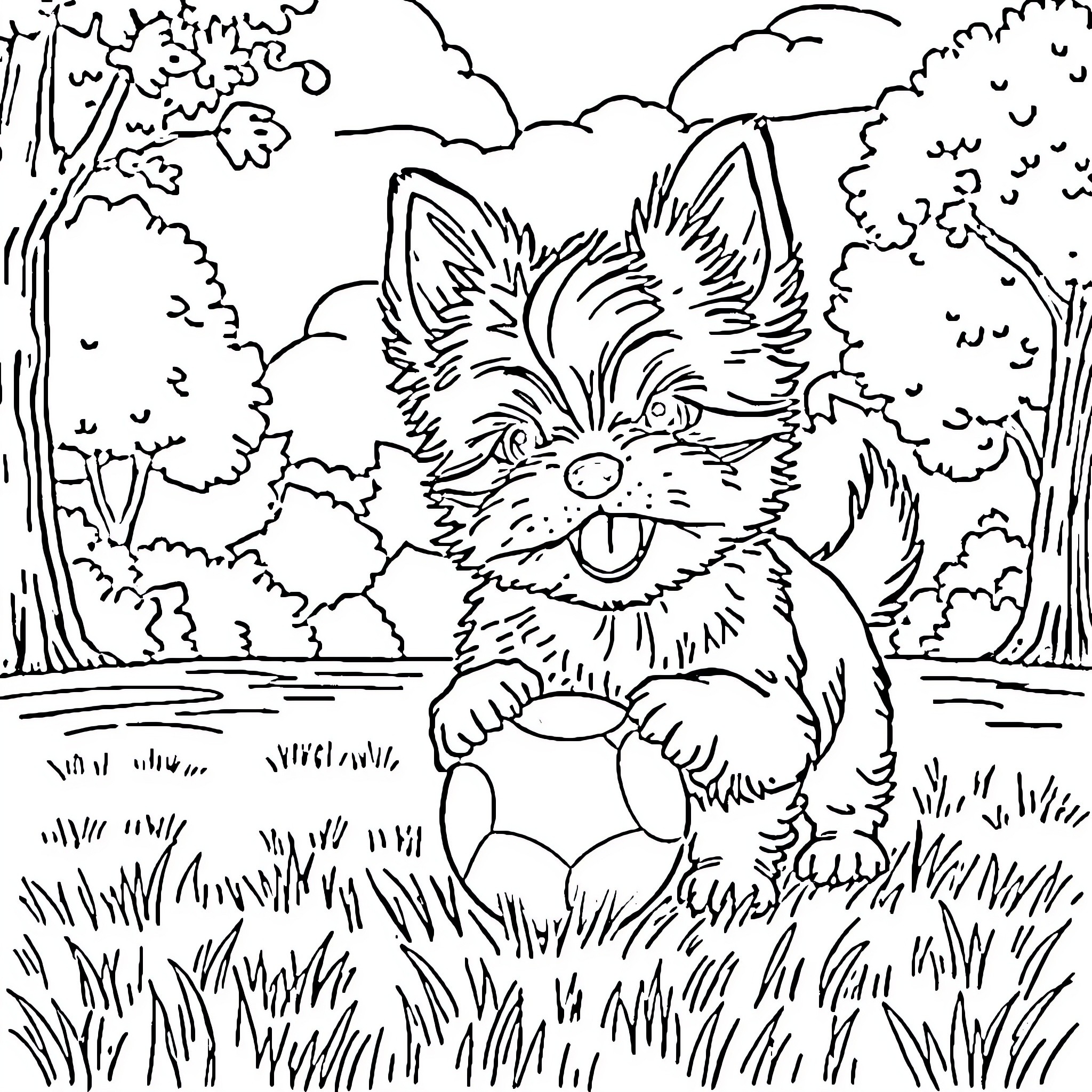 Morkie enjoying the outdoors in a tranquil forest setting Coloring Page (free black-and-white line drawing printable PDF for all, from beginners to advanced learners, including children, teens, adults, and seniors)