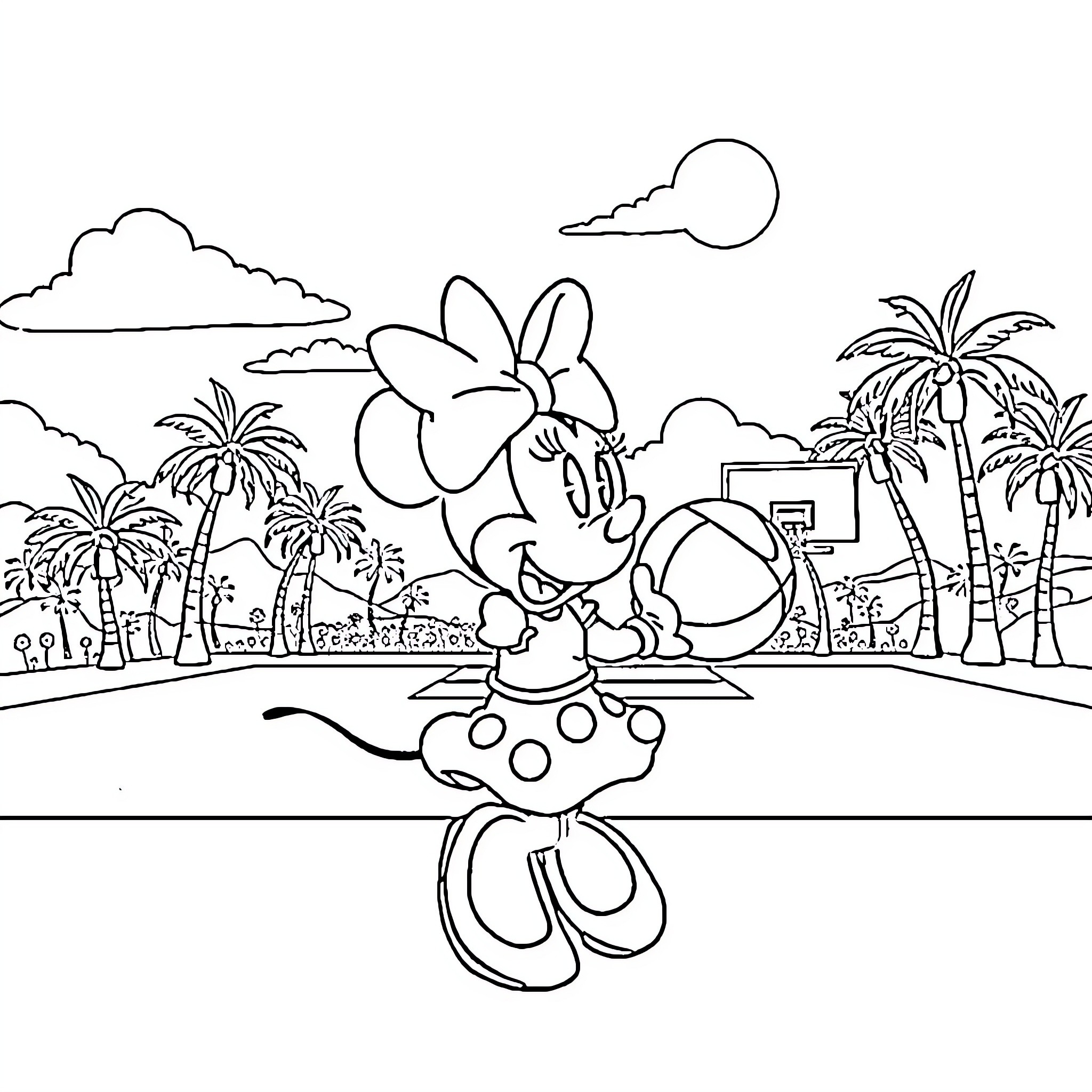 Minnie Mouse enjoying a tropical vacation Coloring Page (free black-and-white line drawing printable PDF for all, from beginners to advanced learners, including children, teens, adults, and seniors)