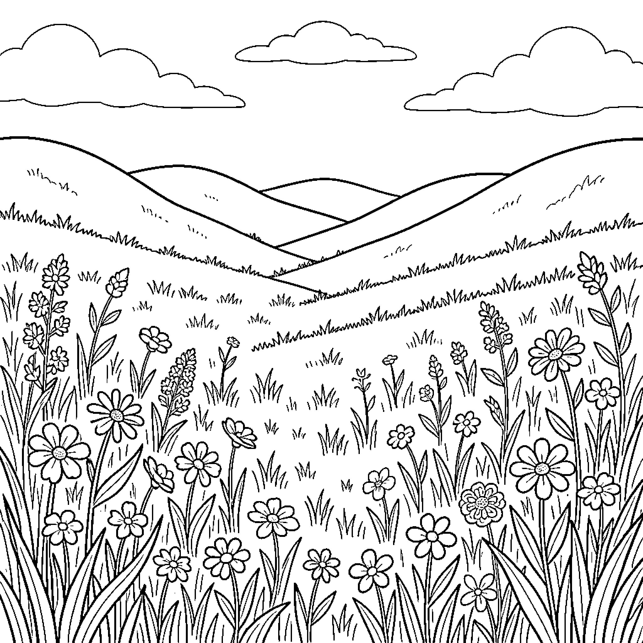 Flower field blooming under a cloudy sky Coloring Page (free black-and-white line drawing printable PDF for all, from beginners to advanced learners, including children, teens, adults, and seniors)