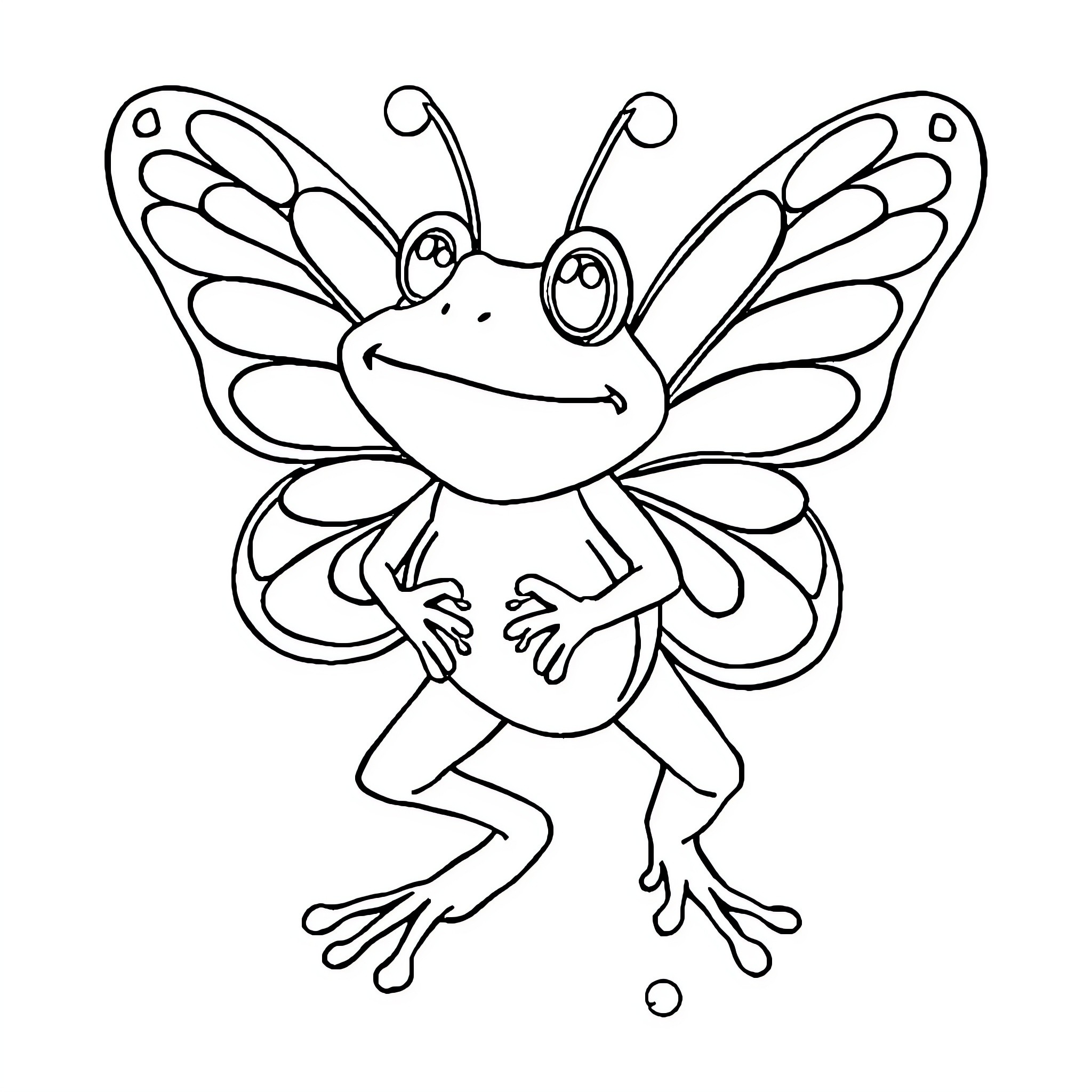 Frog with whimsical butterfly wings Coloring Page (free black-and-white line drawing printable PDF for all, from beginners to advanced learners, including children, teens, adults, and seniors)