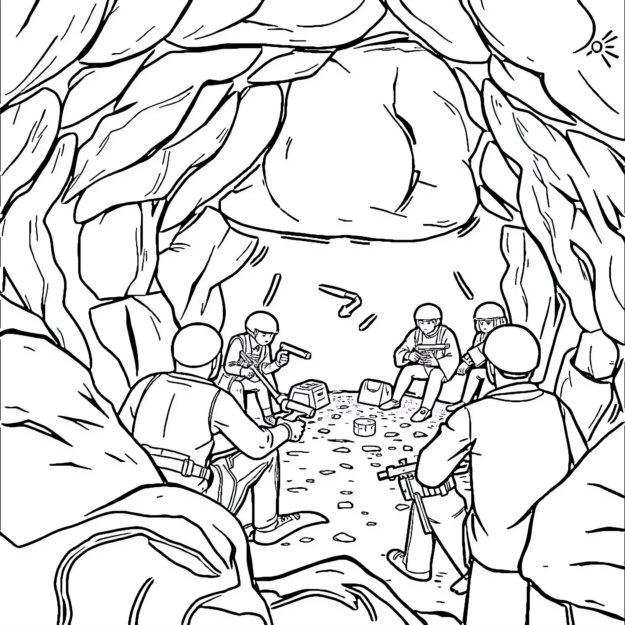 Bunker gathering of military personnel Coloring Page (free black-and-white line drawing printable PDF for all, from beginners to advanced learners, including children, teens, adults, and seniors)