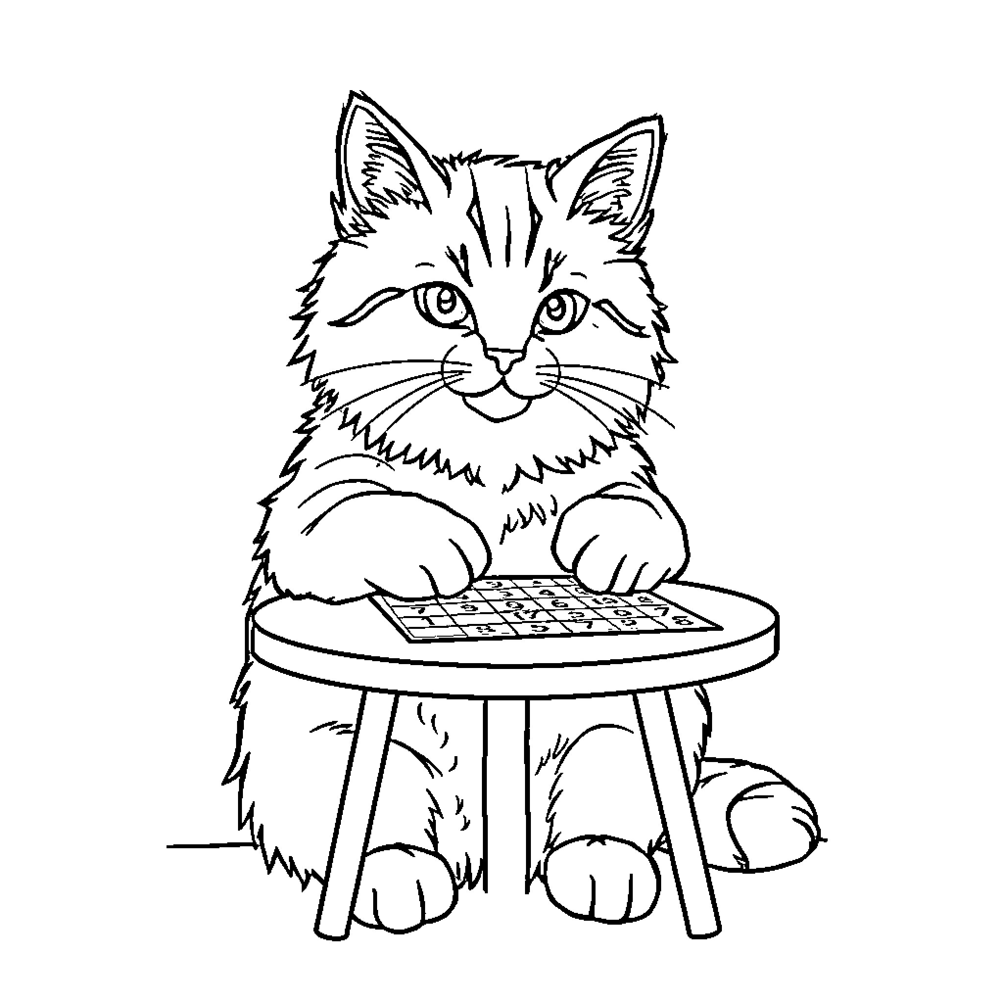Cat using a computer keyboard Coloring Page (free black-and-white line drawing printable PDF for all, from beginners to advanced learners, including children, teens, adults, and seniors)