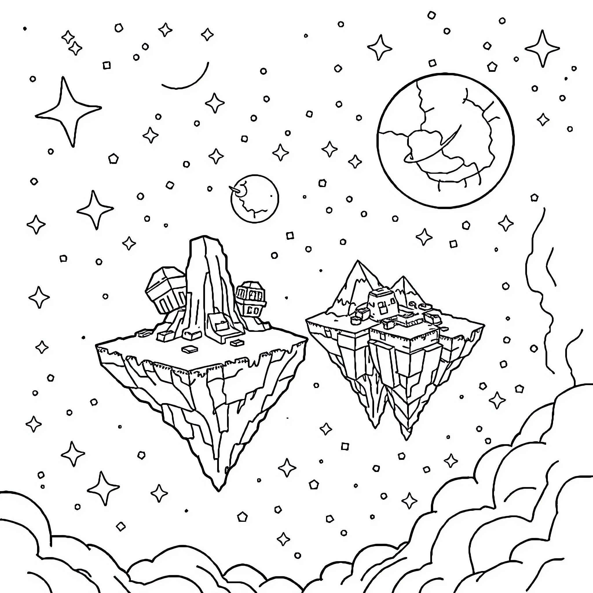 Minecraft floating islands under starry night sky Coloring Page (free black-and-white line drawing printable PDF for all, from beginners to advanced learners, including children, teens, adults, and seniors)