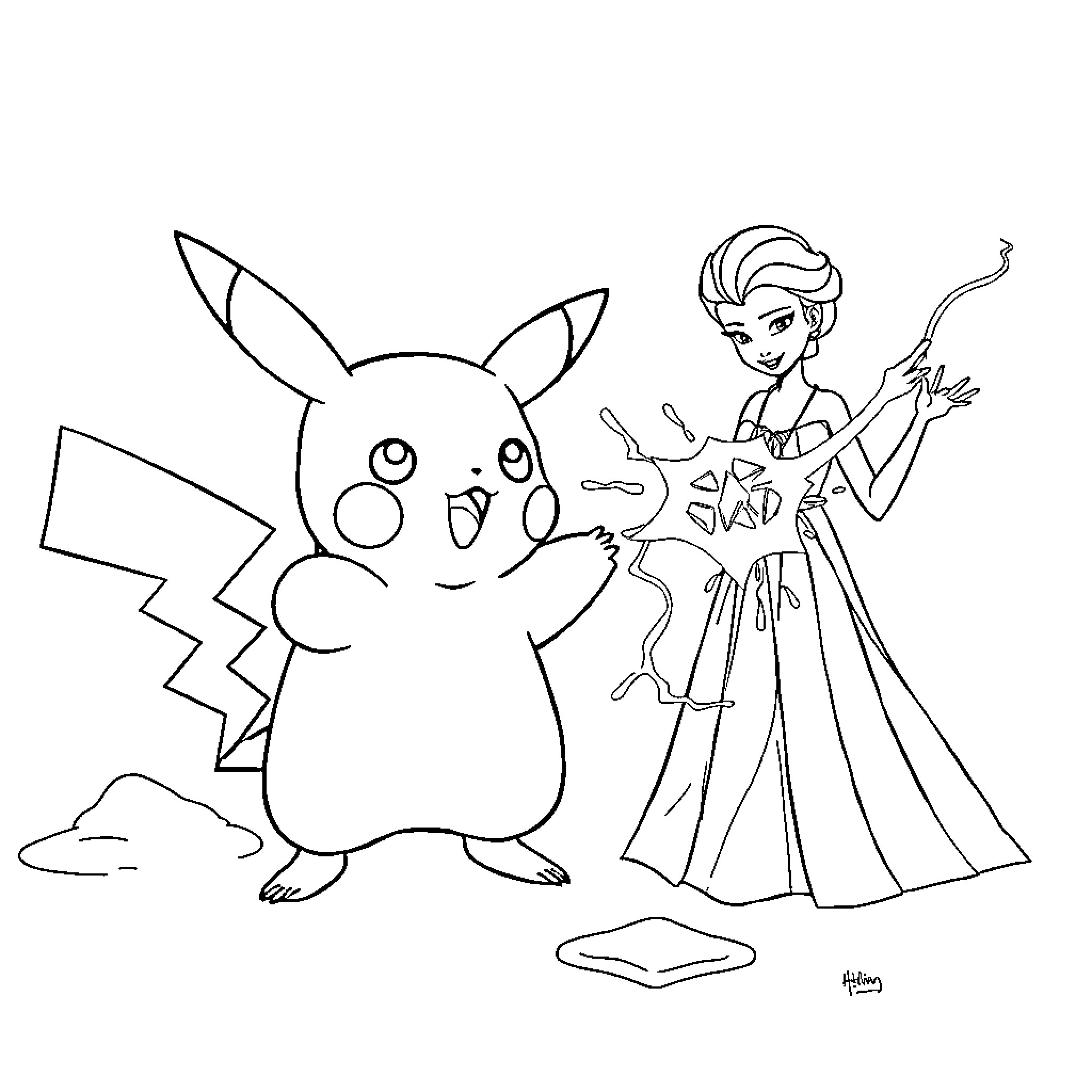 Pikachu and Elsa Interacting Playfully Coloring Page (free black-and-white line drawing printable PDF for all, from beginners to advanced learners, including children, teens, adults, and seniors)