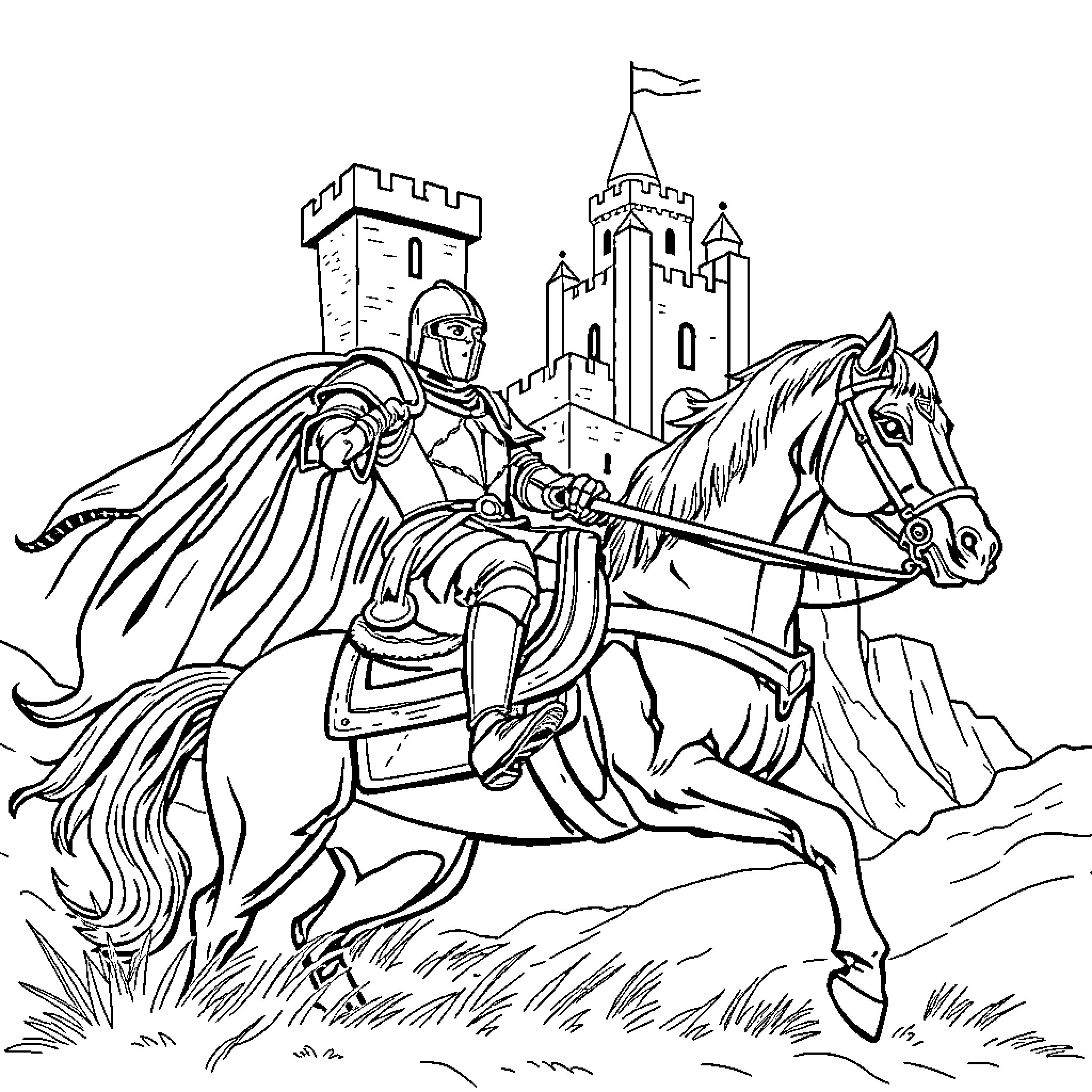 Knight on Horseback Guarding Castle Coloring Page (free black-and-white line drawing printable PDF for all, from beginners to advanced learners, including children, teens, adults, and seniors)