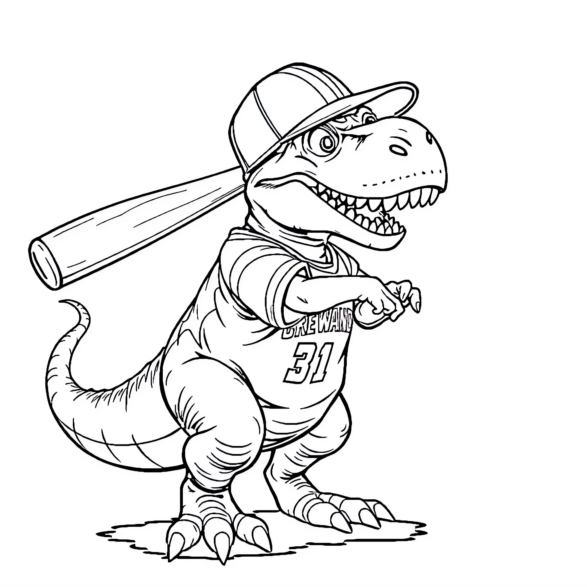 T-Rex Baseball Player Batting with Enthusiasm Coloring Page (free black-and-white line drawing printable PDF for all, from beginners to advanced learners, including children, teens, adults, and seniors)