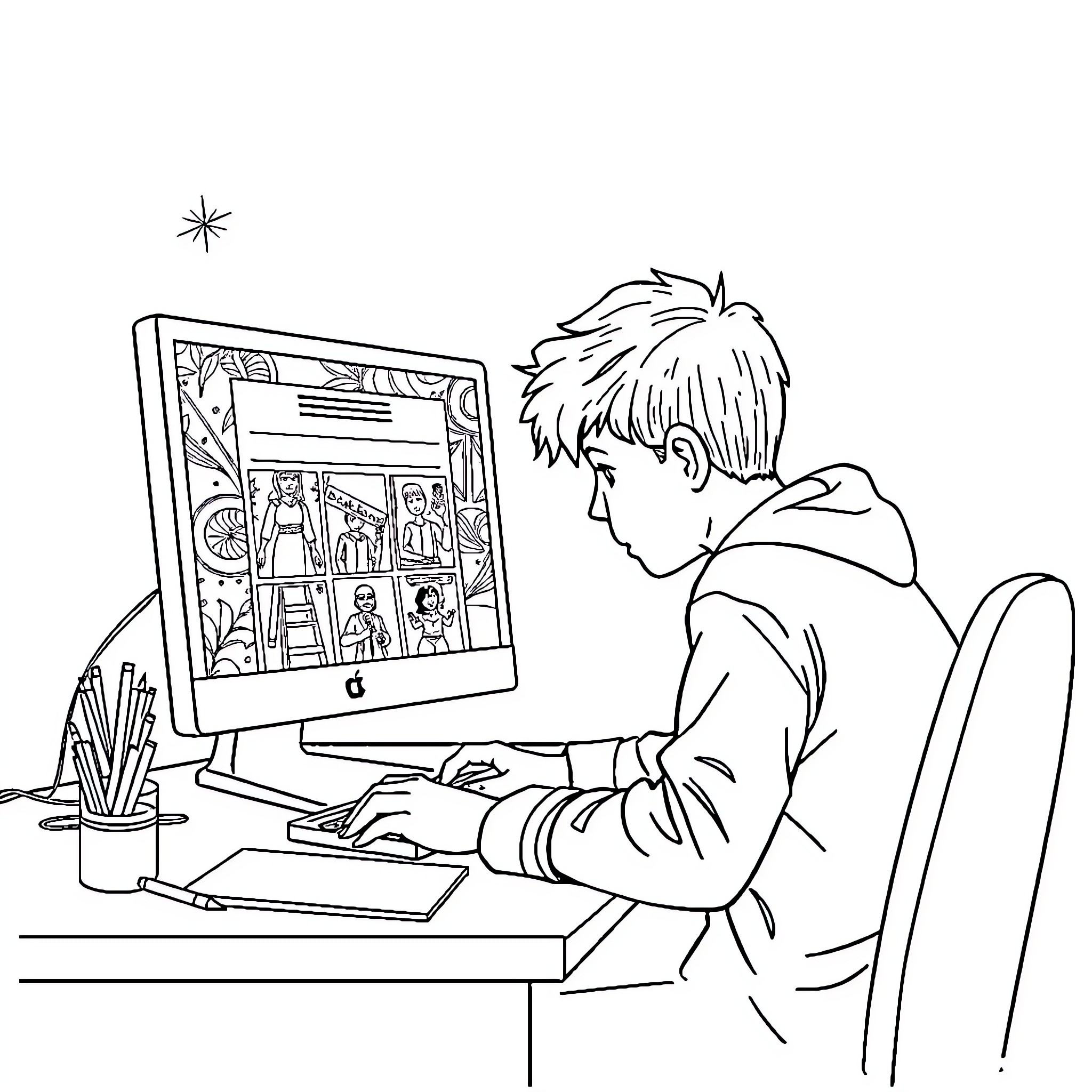 Student working diligently on computer at desk Coloring Page (free black-and-white line drawing printable PDF for all, from beginners to advanced learners, including children, teens, adults, and seniors)