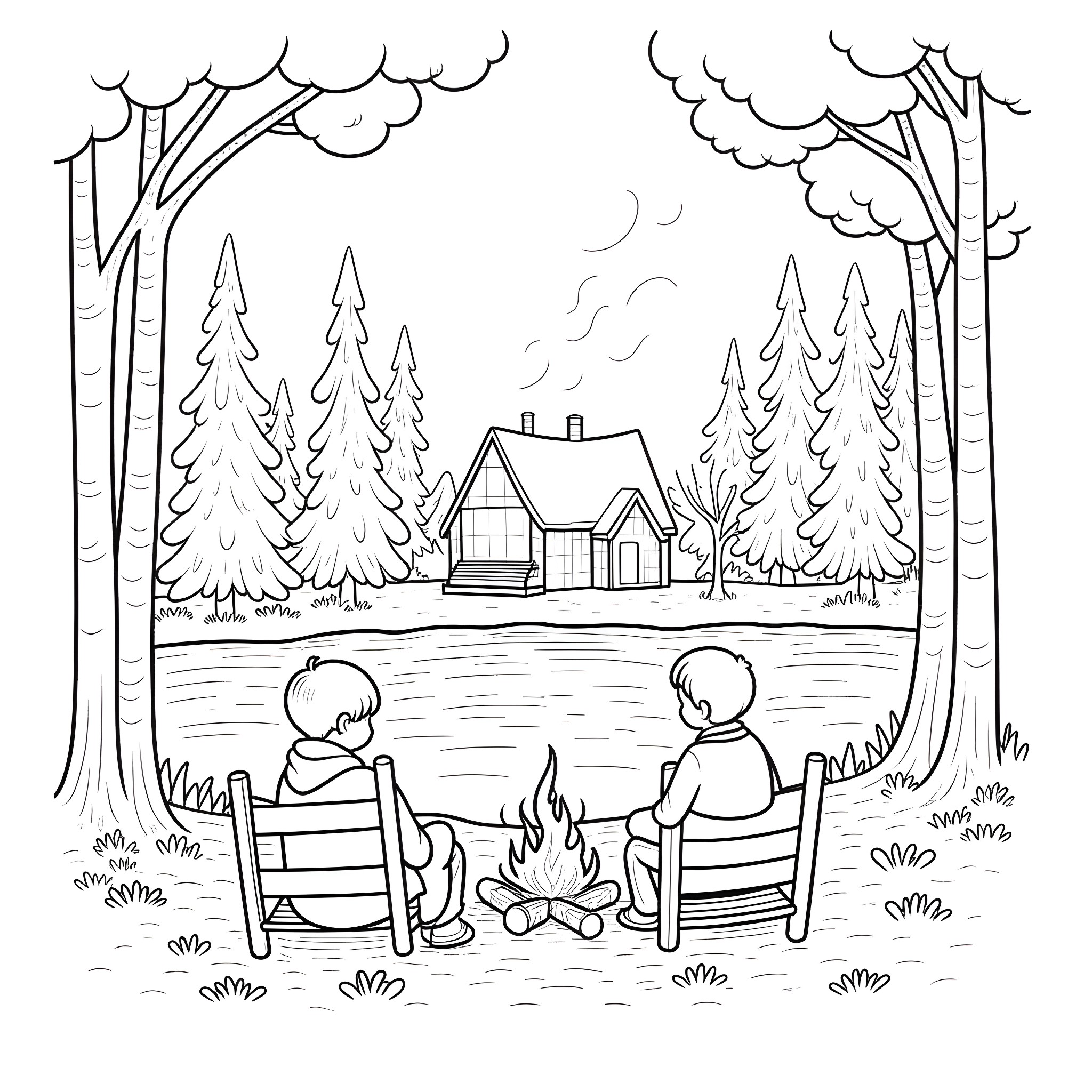 Father and child enjoying the outdoors by the campfire Coloring Page (free black-and-white line drawing printable PDF for all, from beginners to advanced learners, including children, teens, adults, and seniors)