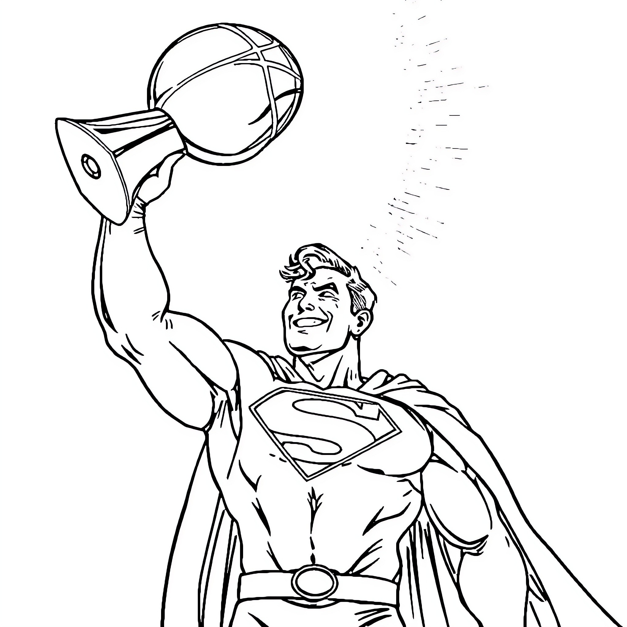 Superman triumphantly holding aloft a basketball Coloring Page (free black-and-white line drawing printable PDF for all, from beginners to advanced learners, including children, teens, adults, and seniors)