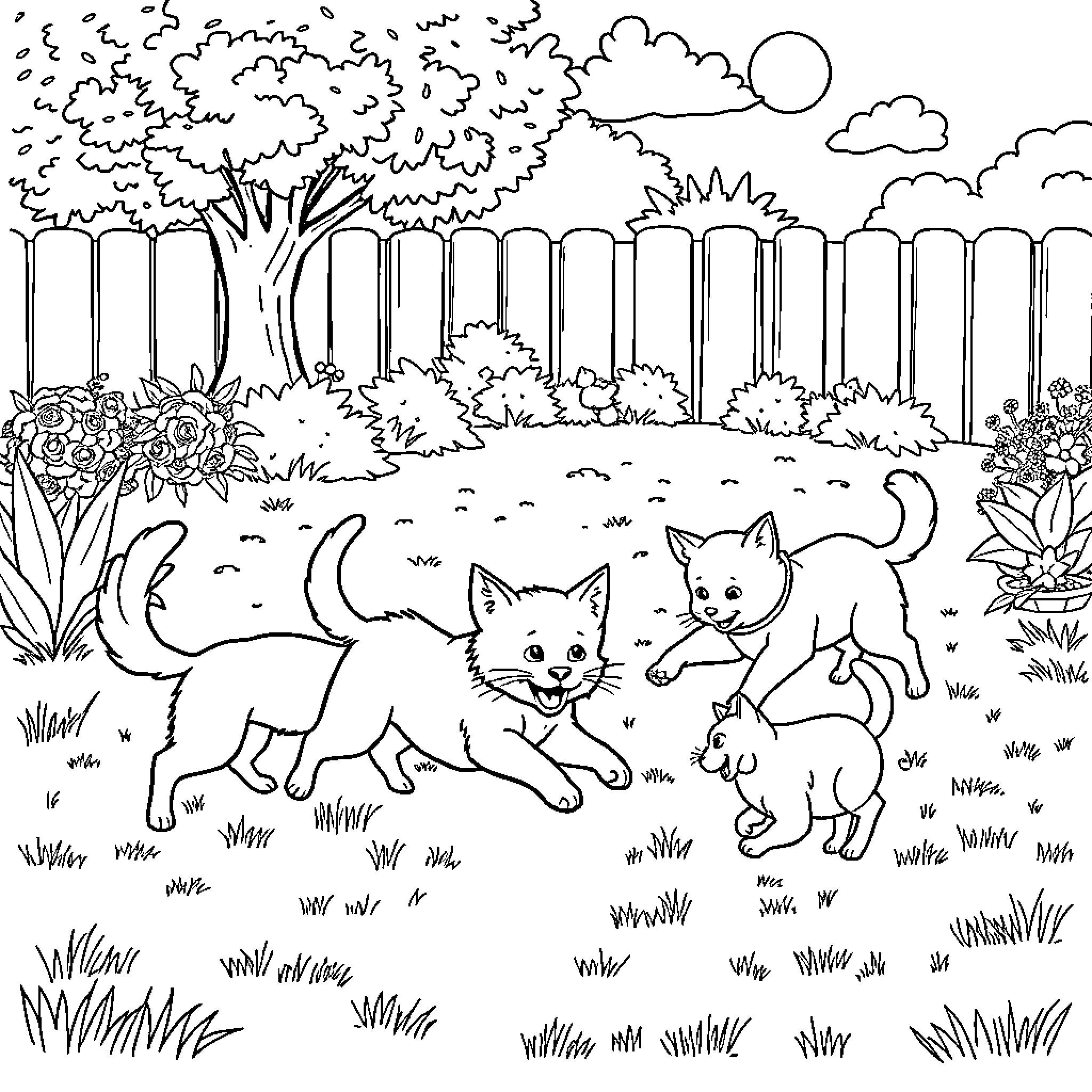 Cat and Dog Playing in the Backyard Garden Coloring Page (free black-and-white line drawing printable PDF for all, from beginners to advanced learners, including children, teens, adults, and seniors)