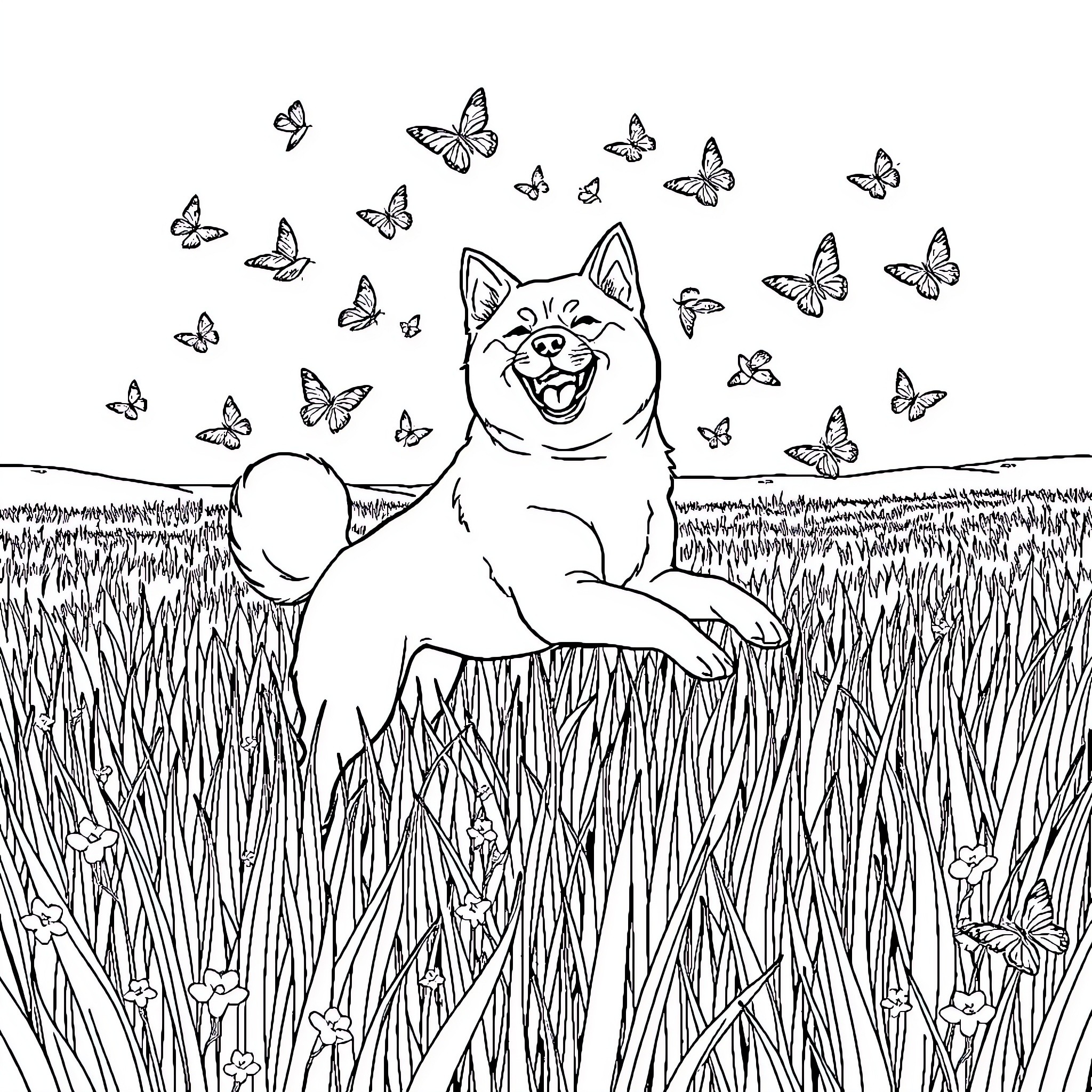 Shiba Enjoying Butterflies in Grassy Field Coloring Page (free black-and-white line drawing printable PDF for all, from beginners to advanced learners, including children, teens, adults, and seniors)