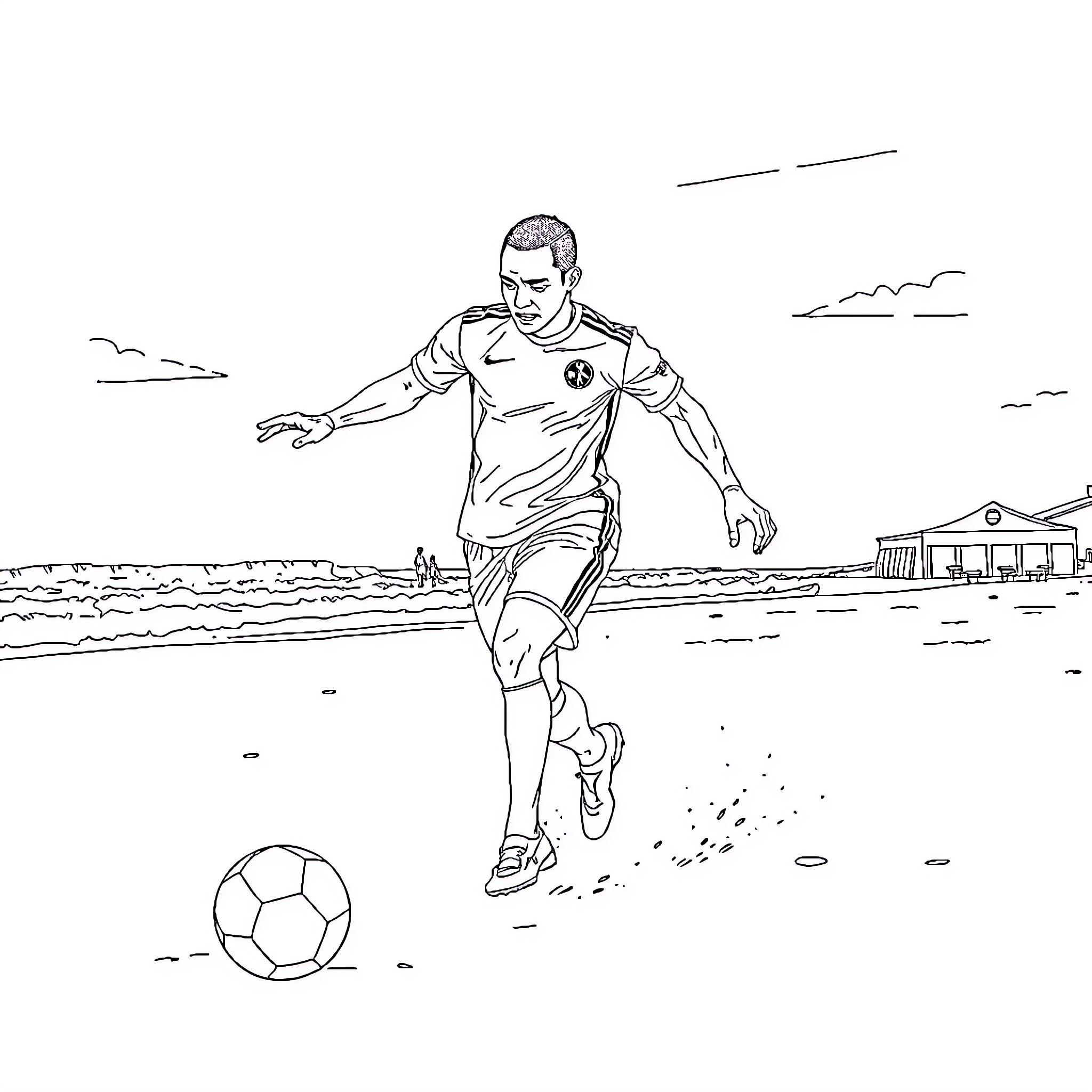 Mbappe playing soccer on the beach Coloring Page (free black-and-white line drawing printable PDF for all, from beginners to advanced learners, including children, teens, adults, and seniors)