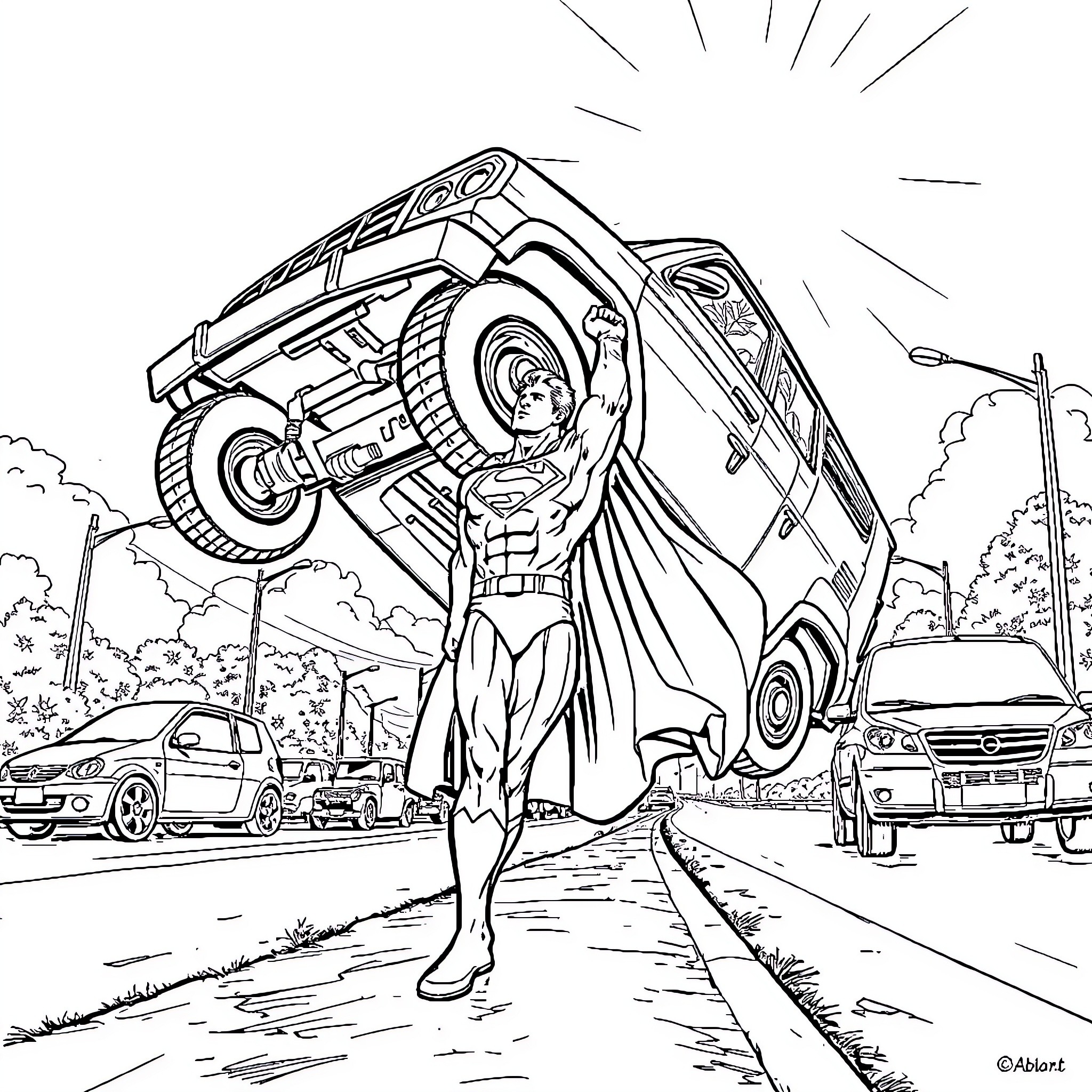 Superman lifting a heavy truck with cars on the road Coloring Page (free black-and-white line drawing printable PDF for all, from beginners to advanced learners, including children, teens, adults, and seniors)