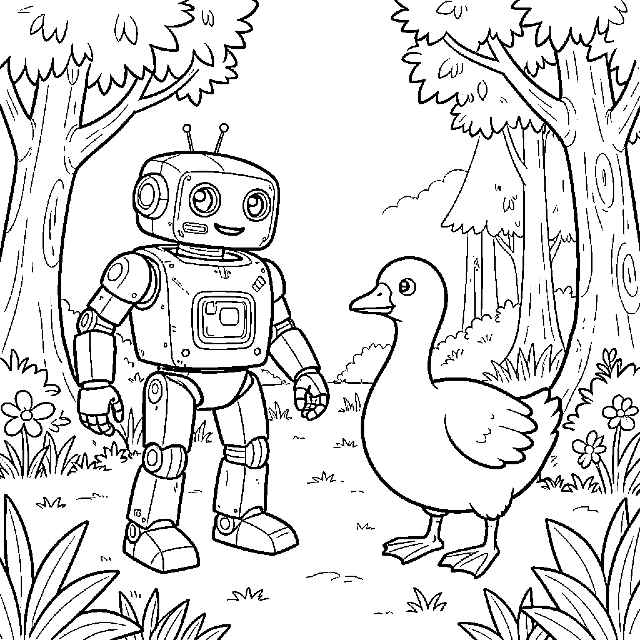 Robot standing and looking at a duck in nature Coloring Page (free black-and-white line drawing printable PDF for all, from beginners to advanced learners, including children, teens, adults, and seniors)