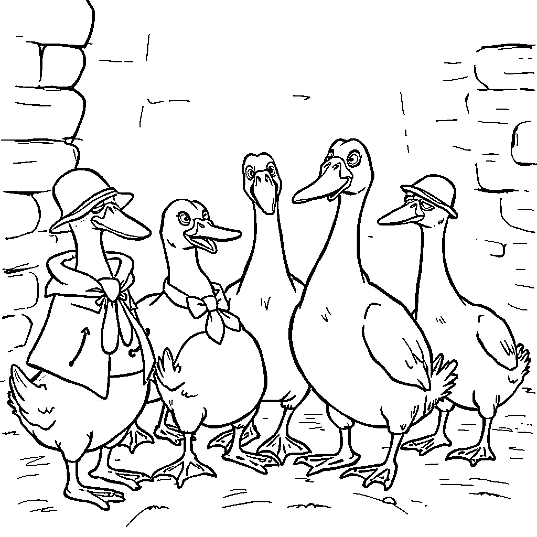 Goose friends enjoying a day out Coloring Page (free black-and-white line drawing printable PDF for all, from beginners to advanced learners, including children, teens, adults, and seniors)
