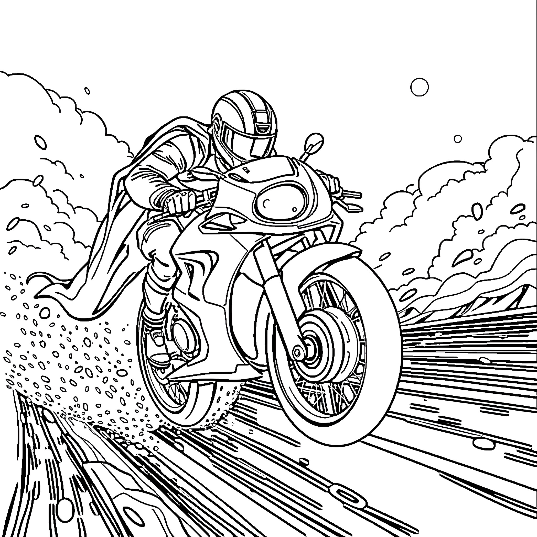 Iago's Thrilling Motorcycle Adventure on the Open Road Coloring Page (free black-and-white line drawing printable PDF for all, from beginners to advanced learners, including children, teens, adults, and seniors)