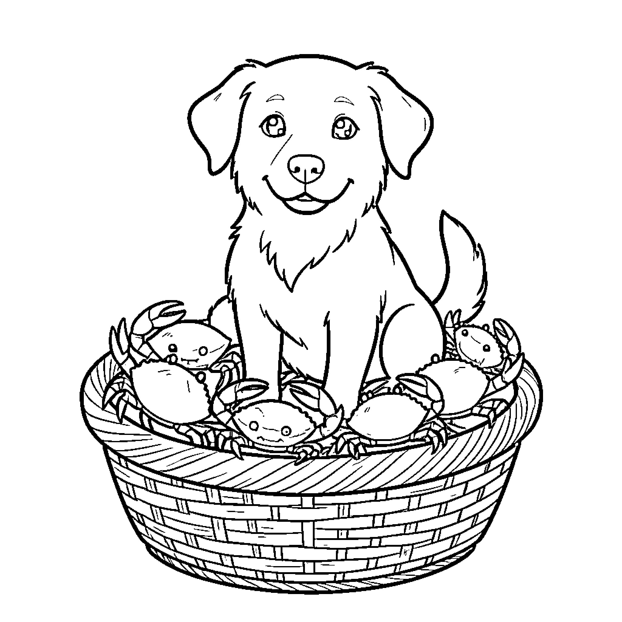 Dog sitting happily behind a basket of crabs Coloring Page (free black-and-white line drawing printable PDF for all, from beginners to advanced learners, including children, teens, adults, and seniors)