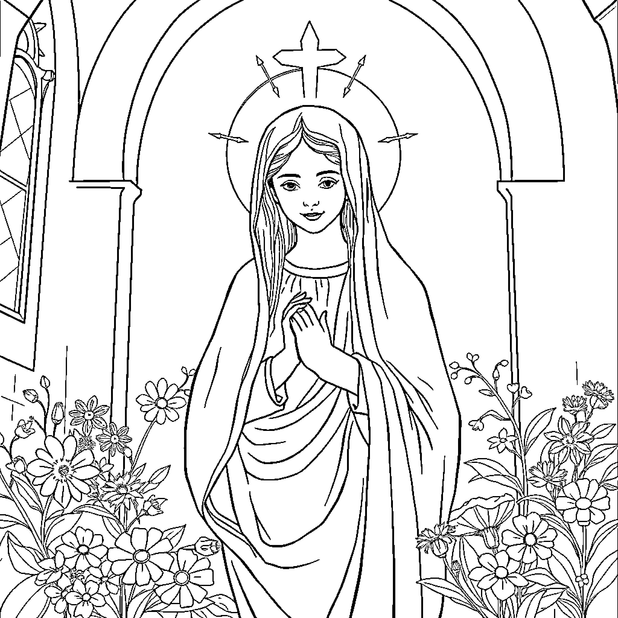 Mater Admirabilis: Blessed Virgin Mary in a Floral Sanctuary Coloring Page (free black-and-white line drawing printable PDF for all, from beginners to advanced learners, including children, teens, adults, and seniors)