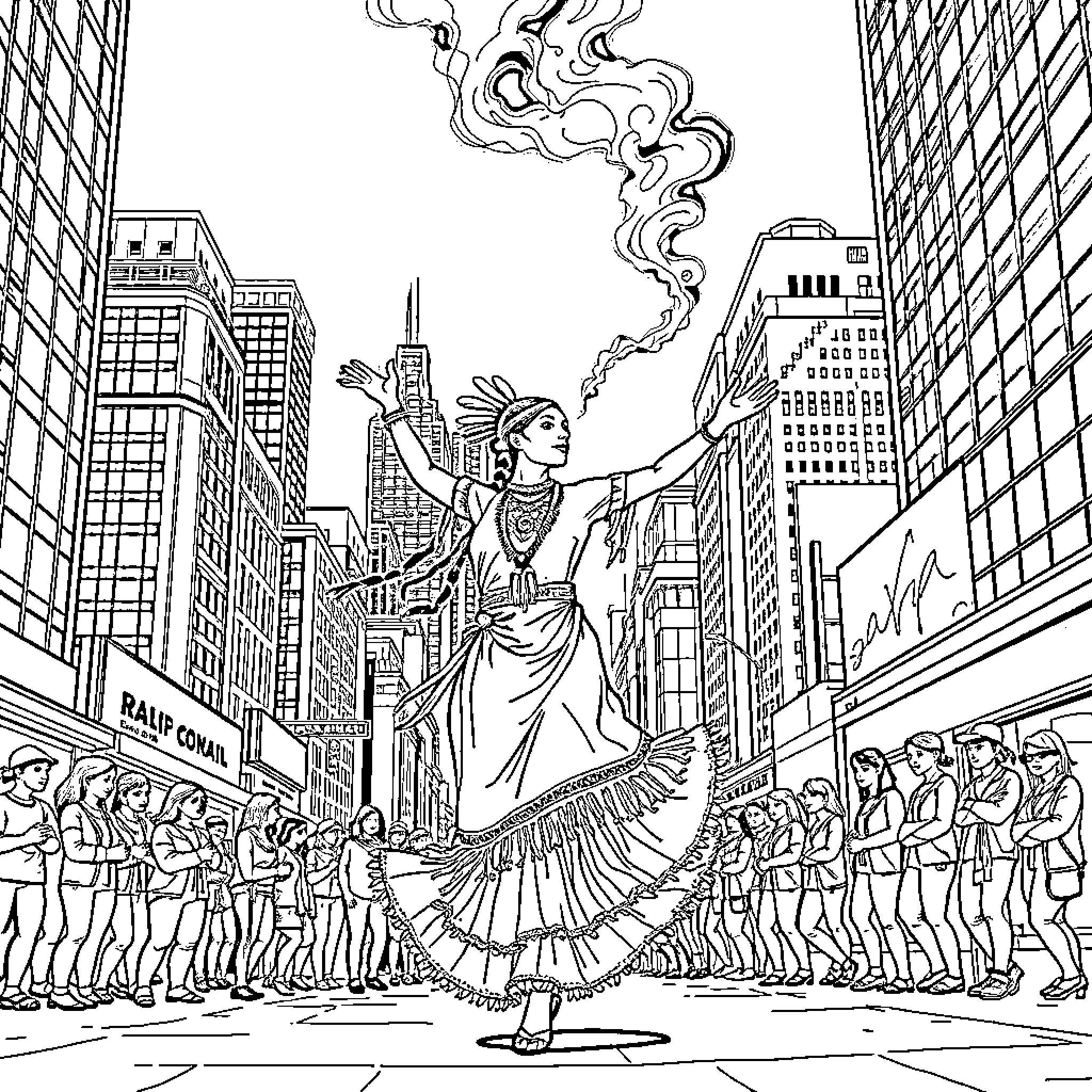 Dancer Captivates the City Streets with Graceful Performance Coloring Page (free black-and-white line drawing printable PDF for all, from beginners to advanced learners, including children, teens, adults, and seniors)