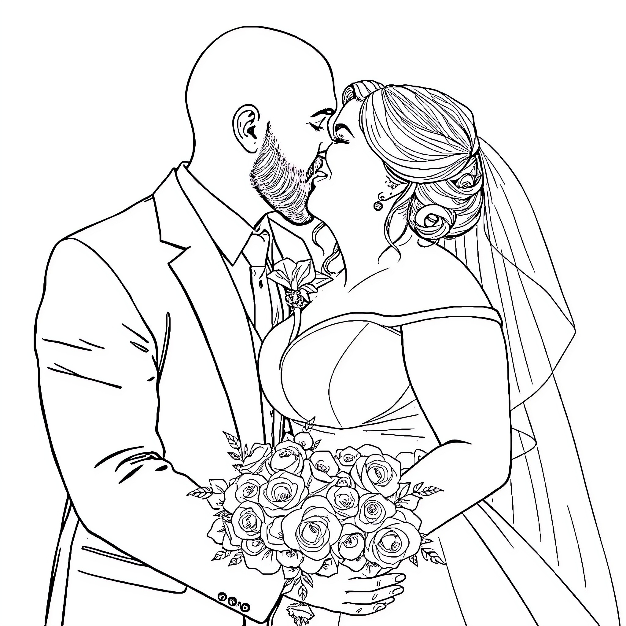 Bride and Groom's Joyful Embrace on Their Wedding Day Coloring Page (free black-and-white line drawing printable PDF for all, from beginners to advanced learners, including children, teens, adults, and seniors)