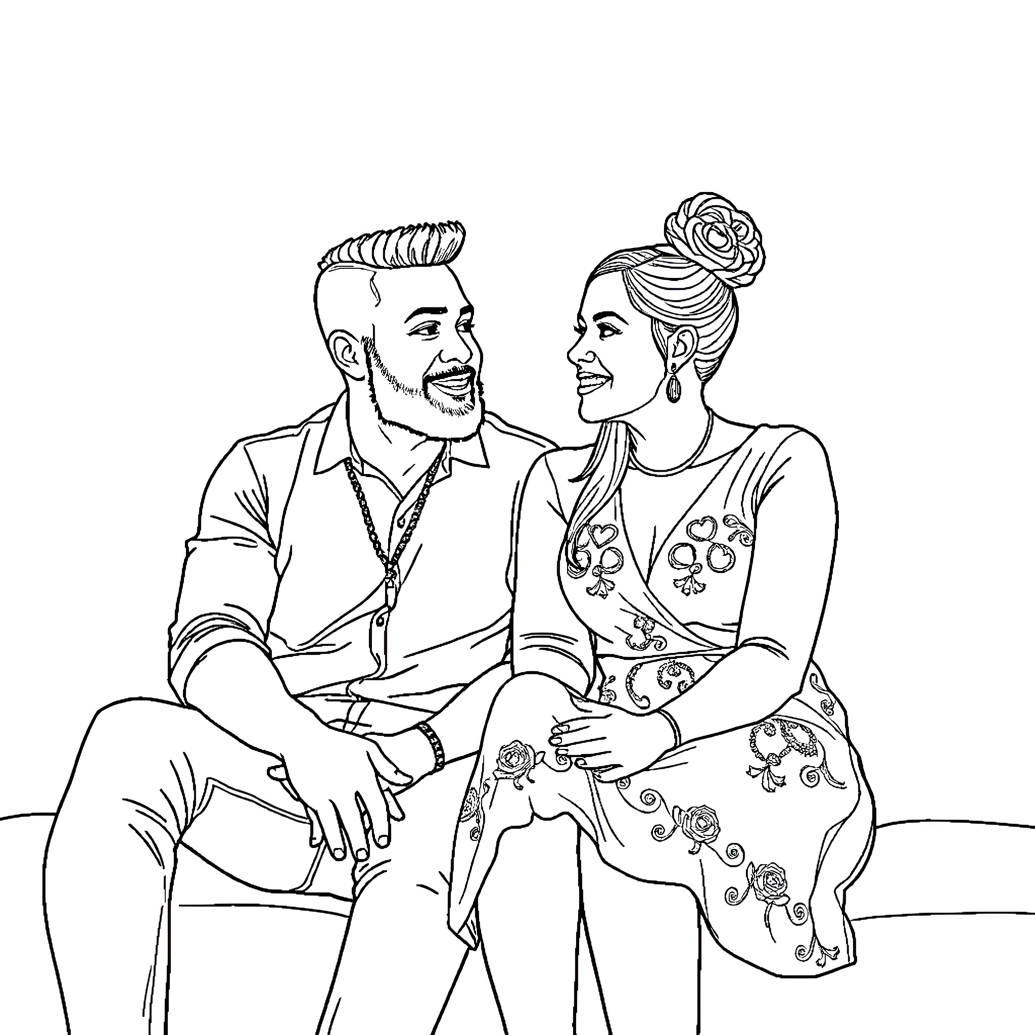 Michael and Amelia's Joyful Embrace Coloring Page (free black-and-white line drawing printable PDF for all, from beginners to advanced learners, including children, teens, adults, and seniors)