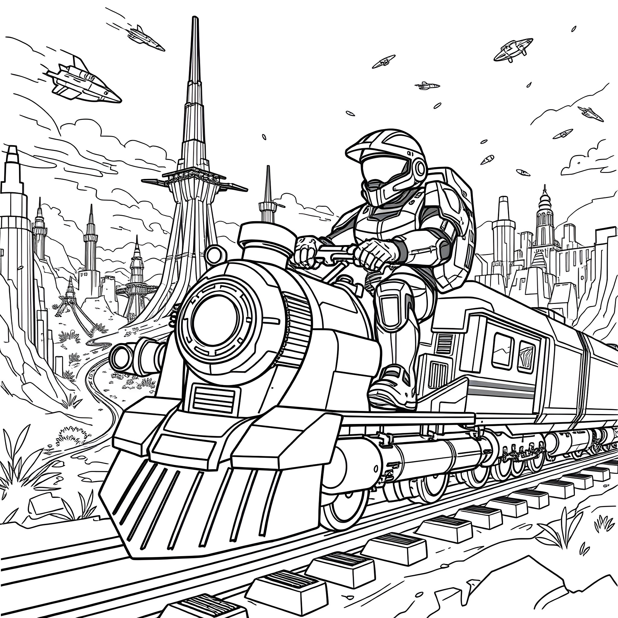 Master Chief Conquering the Futuristic City by Train Coloring Page (free black-and-white line drawing printable PDF for all, from beginners to advanced learners, including children, teens, adults, and seniors)