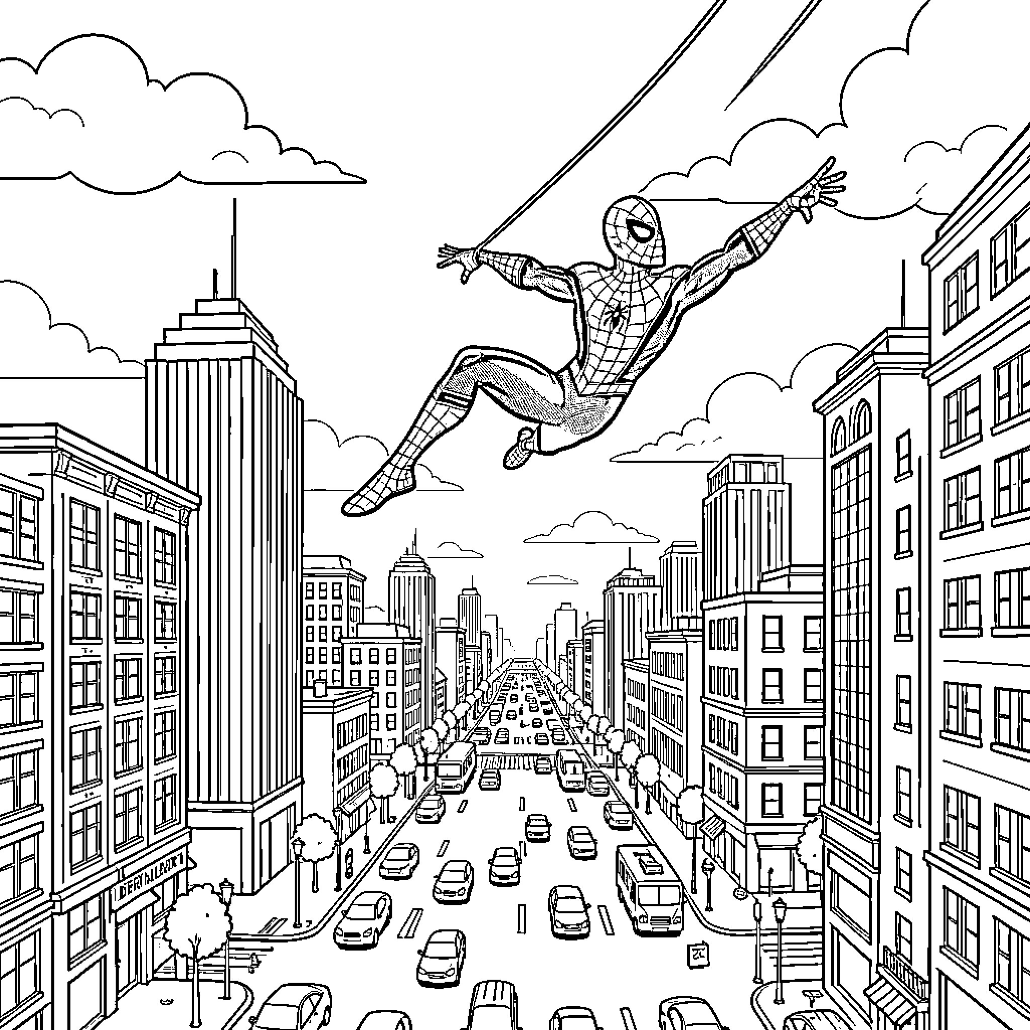 Spiderman swinging through the city Coloring Page (free black-and-white line drawing printable PDF for all, from beginners to advanced learners, including children, teens, adults, and seniors)