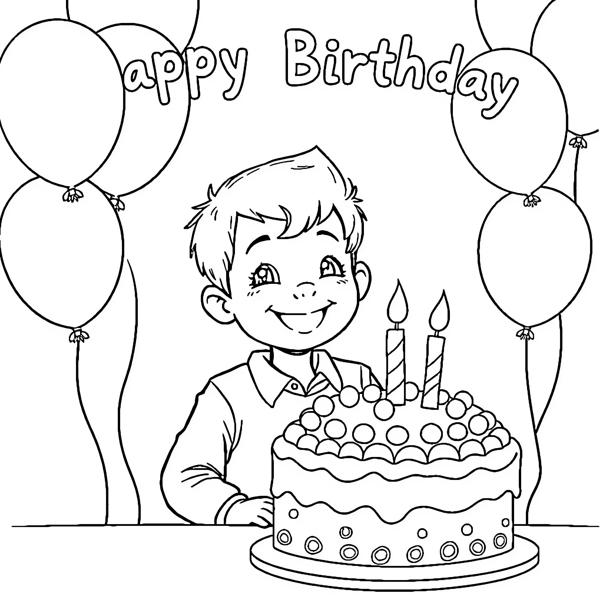 Boy happily celebrating his birthday with cake and balloons Coloring Page (free black-and-white line drawing printable PDF for all, from beginners to advanced learners, including children, teens, adults, and seniors)