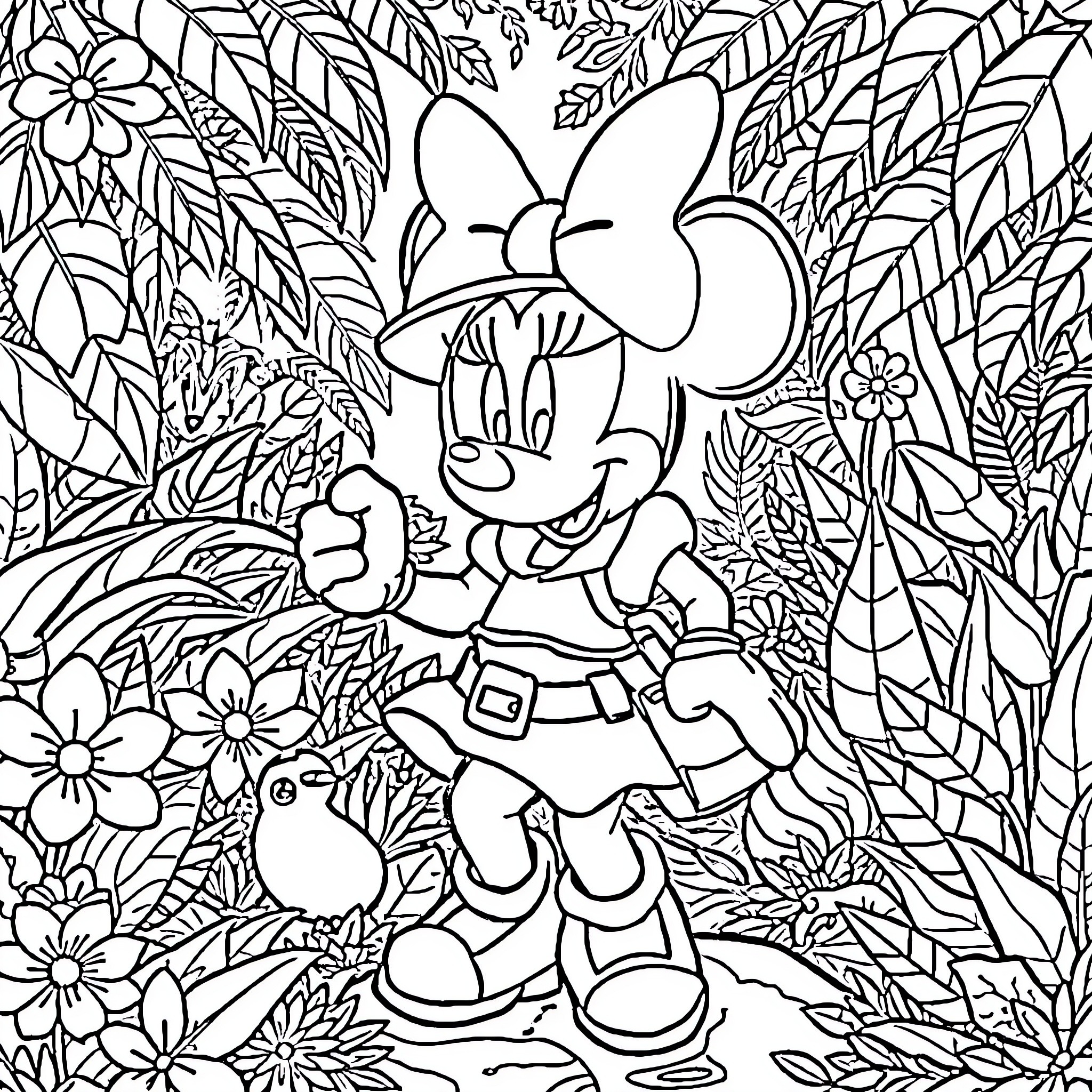 Minnie Exploring the Enchanted Floral Garden Coloring Page (free black-and-white line drawing printable PDF for all, from beginners to advanced learners, including children, teens, adults, and seniors)