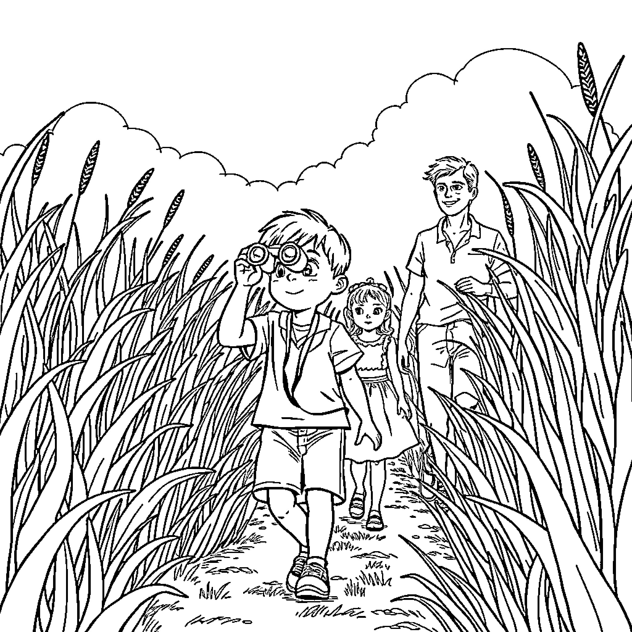 Boy and girl exploring the lush, grassy outdoors Coloring Page (free black-and-white line drawing printable PDF for all, from beginners to advanced learners, including children, teens, adults, and seniors)