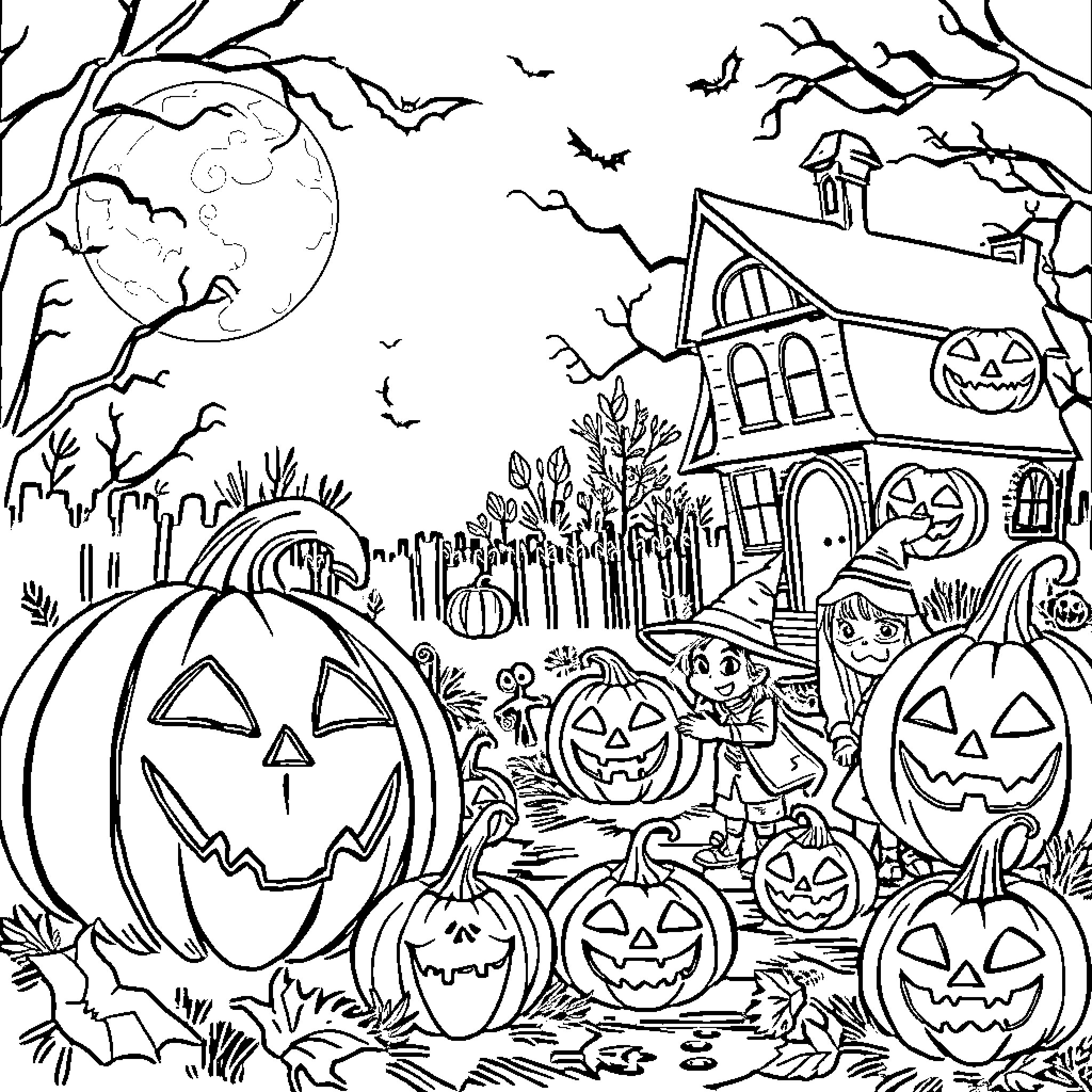 Halloween haunted house and pumpkins in the night Coloring Page (free black-and-white line drawing printable PDF for all, from beginners to advanced learners, including children, teens, adults, and seniors)